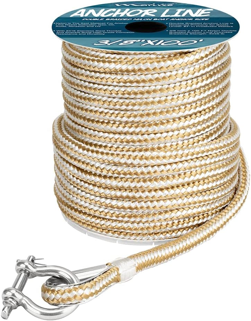Made 3/8 Inch 100FT 150FT Gold/White Nylon Anchor Line Double Braided Anchor Rope/Line with Thimble (3/8