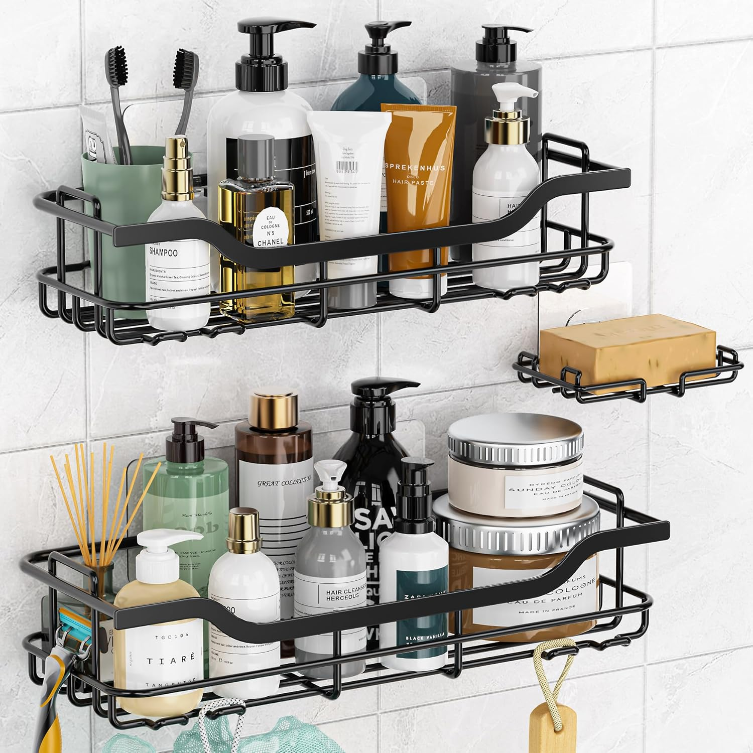 Shower Caddy Rack 3-Pack, Adhesive Shower Wall Organizer Shampoo Basket Holder with Soap Holder, Rustproof No Drilling Shower Shelves for inside Shower Bathroom Organizer and Storage, Black(Large)