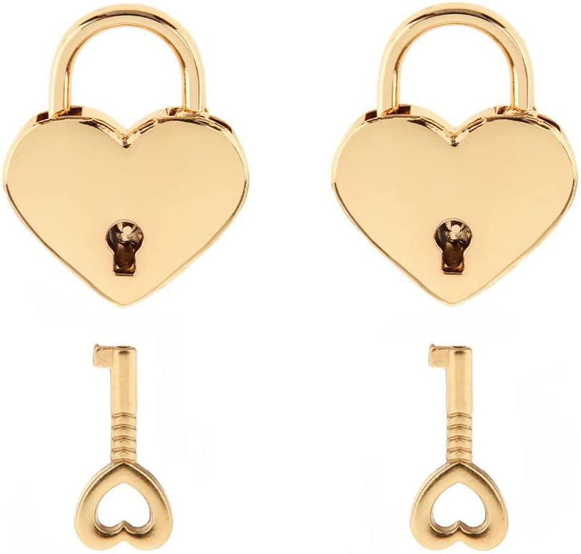 Warmtree Small Metal Heart Shaped Padlock Mini Lock with Key for Jewelry Box Storage Box Diary Book,Pack of 2,Gold