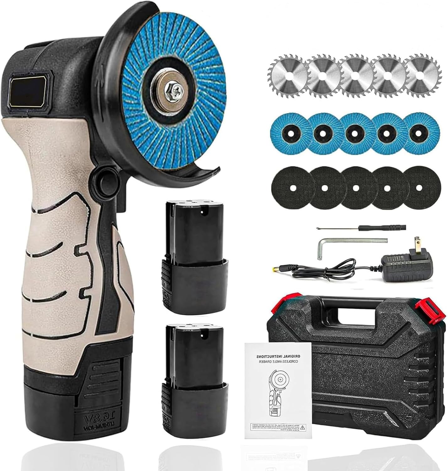 Brushless Cordless Angle Grinder Kit, Mini Electric Angle Grinding Tool with 2Pcs 16.8V 2000Mah Batteries and 20-Cutting Discs, Power Angle Grinder for Wood Metal Stone Concrete