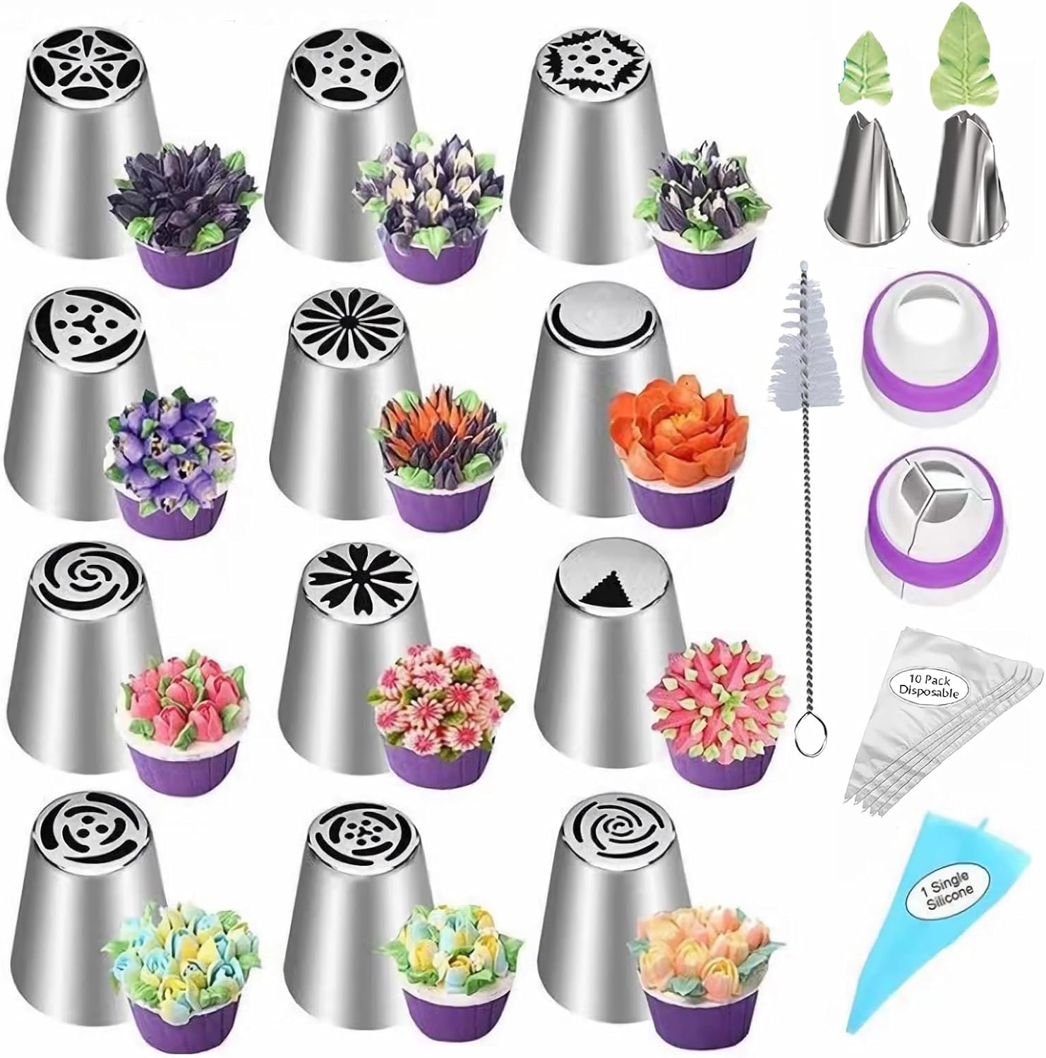 28 Pcs Russian Piping Tips Set, Frosting Nozzle Kit, Baking Supplies for Cookie Cupcake (12 Icing Tips 10 Pastry Baking Bags 2 Leaf Piping Tips 2 Couplers 1 Silicone Bag 1 Cleaning Brush)