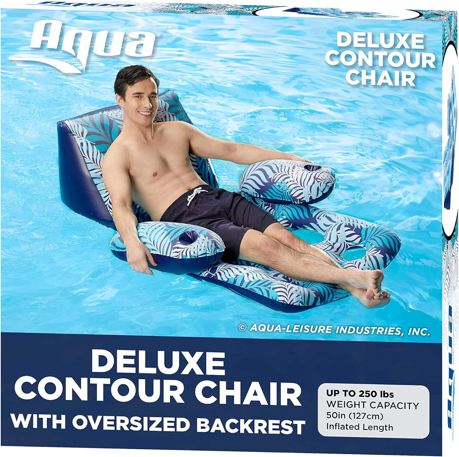 Aqua Deluxe Contour Pool Chair Lounge, Luxury Fabric, Suntanner Adult Size Pool Float, Lake Floating Chair, Heavy Duty, Blue/White Fern