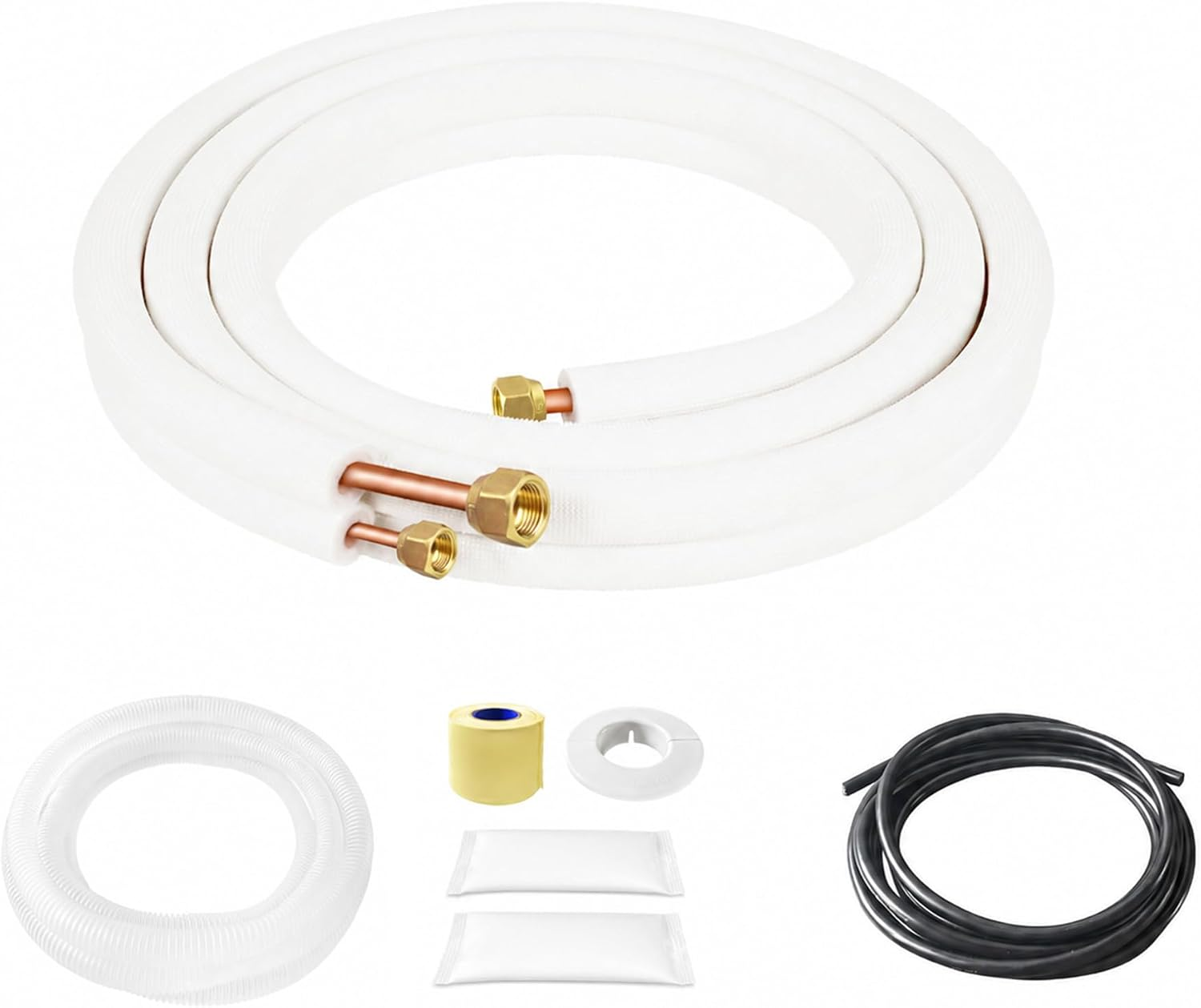 Mini Split Line Set 10FT 1/4" & 3/8" O.D Copper-Aluminium Pipes Tubing Kit, 3/8" White Thickened PE Insulation Coil with Nuts & Installation Set for AC or Heating Pump Equipment & HVAC