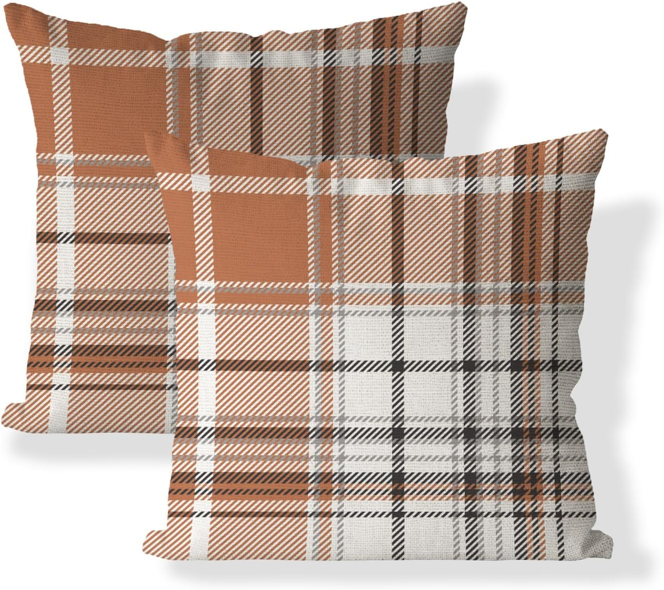 Set of 2 Fall Pillow Covers Autumn Decorative Throw Pillow Cases 20x20 Inch Orange Grey Plaids Cushion Covers Faux Linen,Farmhouse,Thanksgiving,Home Décor