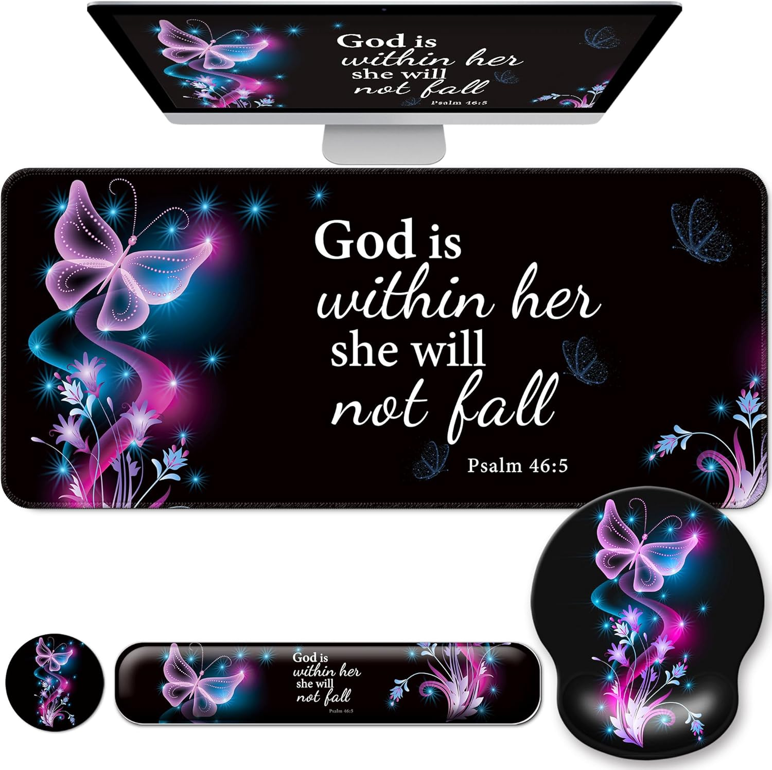 Desk Mat Set + Keyboard and Mouse Pad with Wrist Rest Support,4-In-1 Large Mousepad Computer Mats for Desktop Home & Office-Purple Butterflies