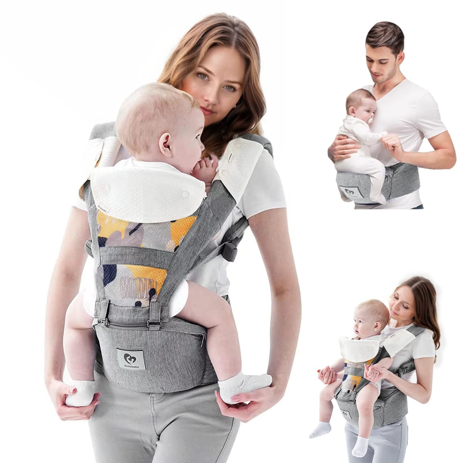 Baby Carrier, Multifunction Baby Carrier Hip Seat (Ergonomic M Position) for 3-36 Month Baby, 6-In-1 Ways to Carry, All Seasons, Adjustable Size, Perfect for Shopping Travelling (Grey)