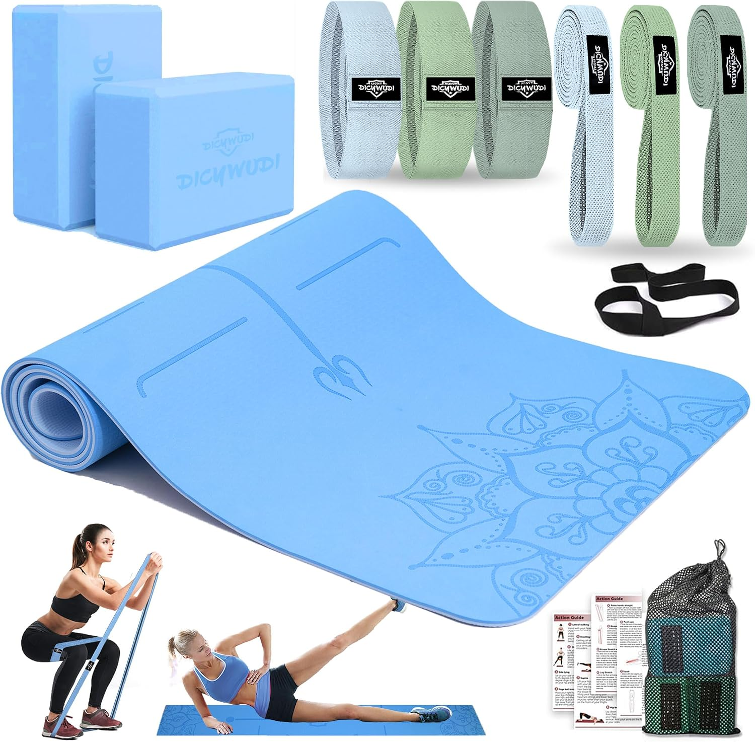 DICYWUDI Yoga Mat Thick, 6 Fabric Resistance Bands, 2 Pack Yoga Blocks, Home Workout Equipment Essentials Starter Kit for Beginners Full Body Toning