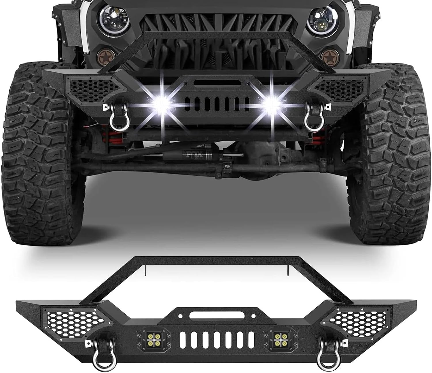 Front Bumper for 2007-2018 Wrangler JK & JKU 2/4 Door, Winch Ready Rock Crawler Steel Bumper with LED Lights & D-Rings, Full Width Off-Road Bumper
