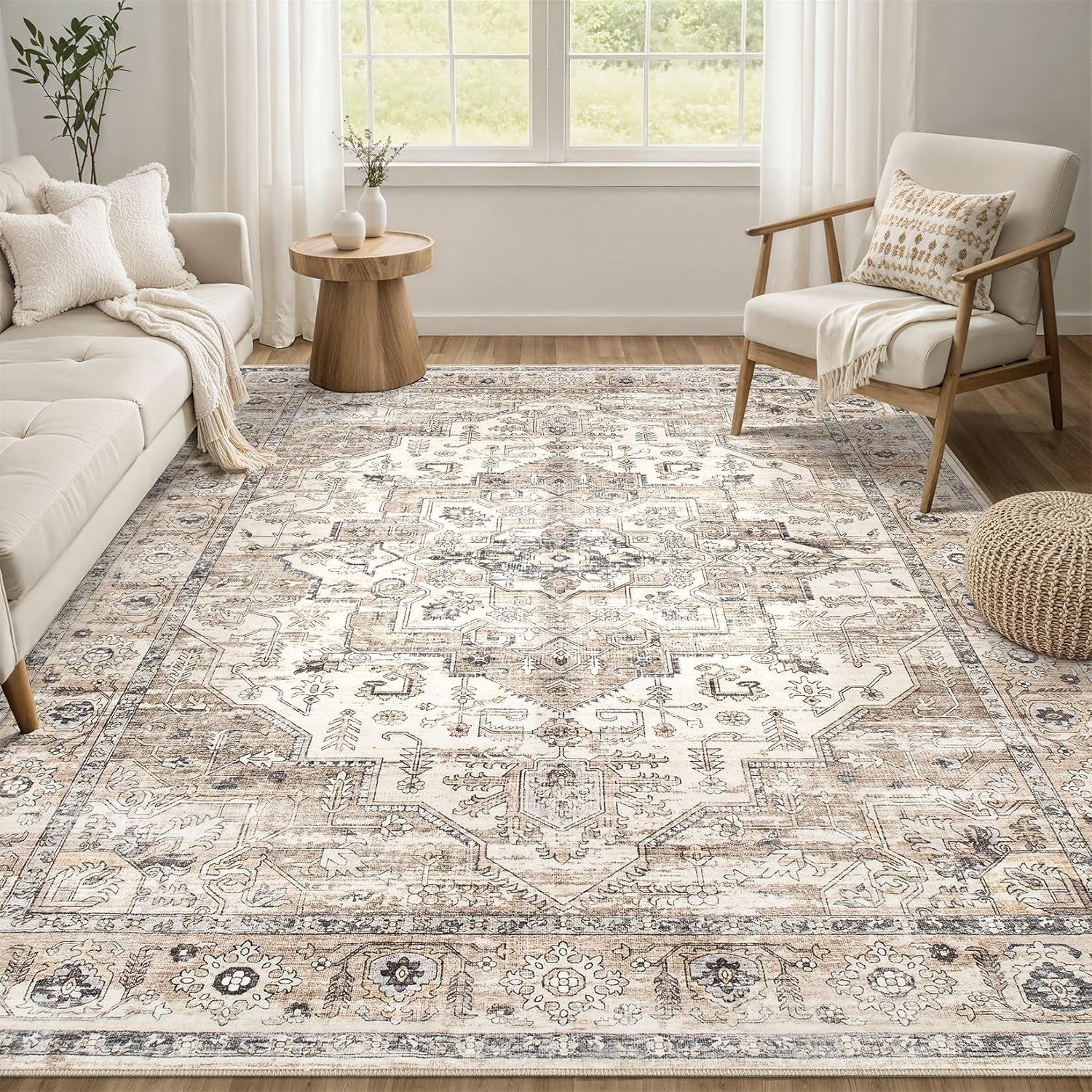 Area Rug 5X8 Washable Vintage - Soft Traditional Rugs for Living Room Large Non Slip Backing with Low Pile Farmhouse Oriental Retro Carpet for Bedroom Dining Room or Home Office - Tea Brown