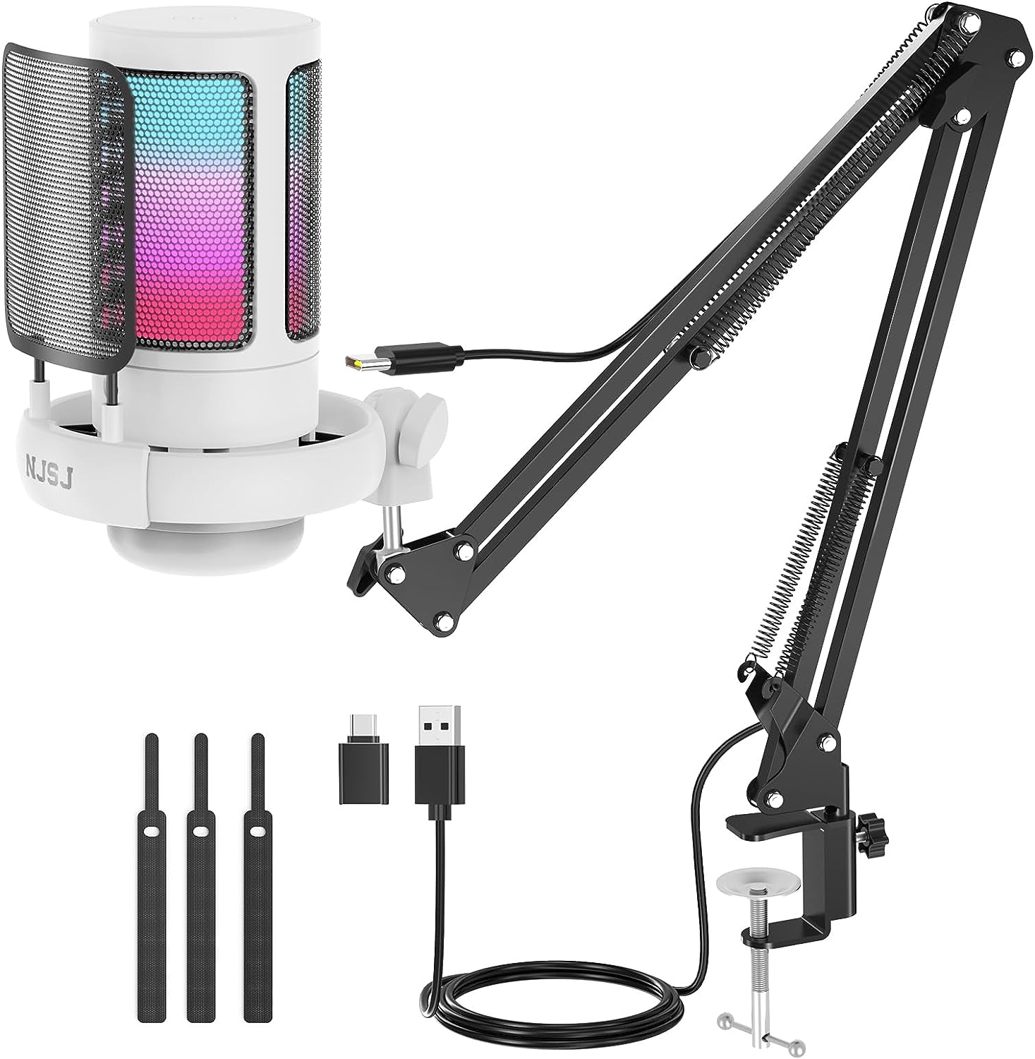 NJSJ USB Gaming Microphone for PC, Condenser Mic with Boom Arm for PS4/ PS5/ Mac/Phone with Touch Mute, RGB Lighting,Gain Knob & Monitoring Jack for Streaming,Podcasting,Youtube