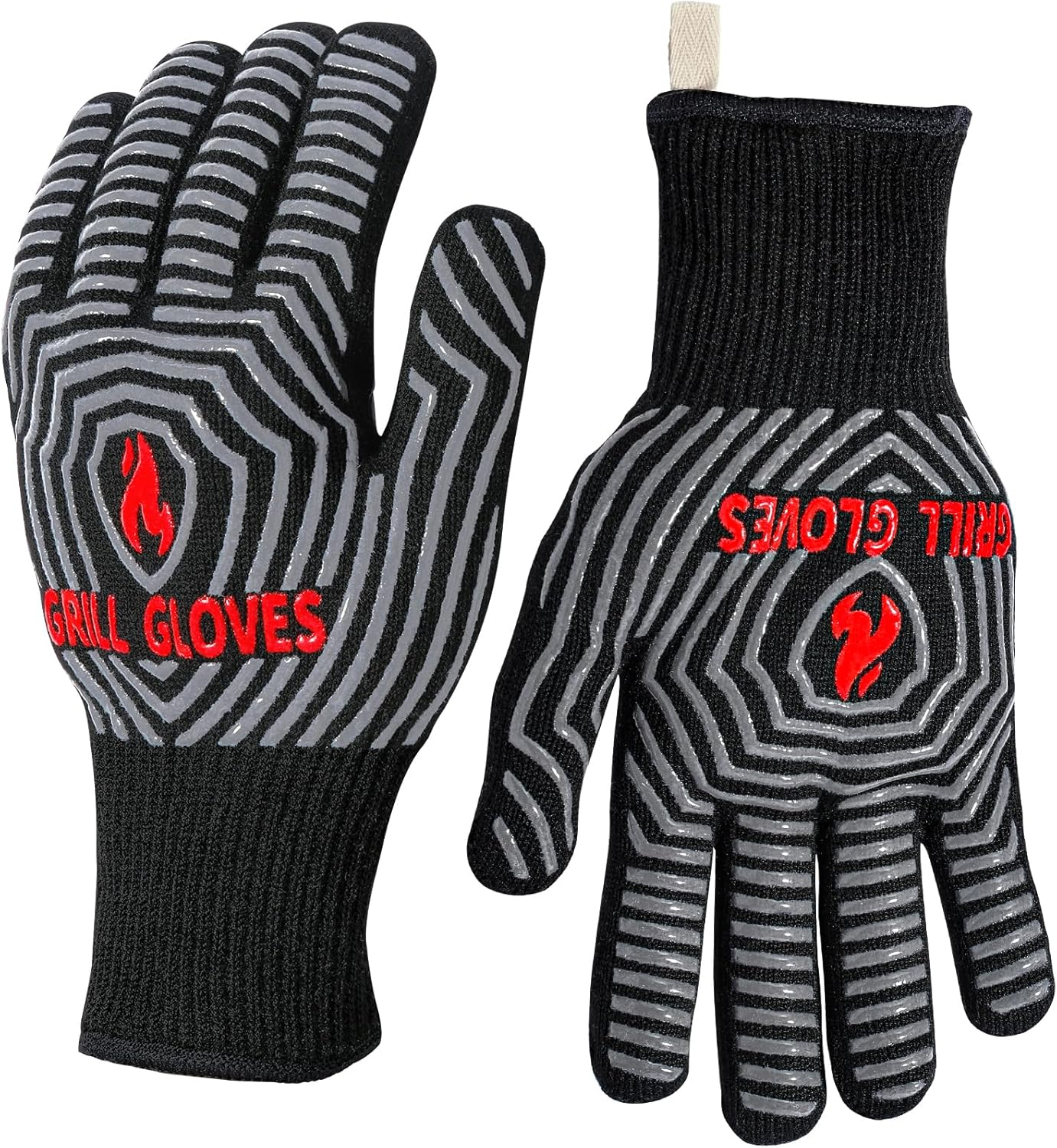 BBQ Gloves, Oven Gloves, 1472℉ Extreme Heat Resistant,Grilling Gloves Silicone Non-Slip Oven Mitts, Kitchen Gloves for BBQ, Grilling, Cooking, Baking-1 Pair… (Black, One Size Fits Most)