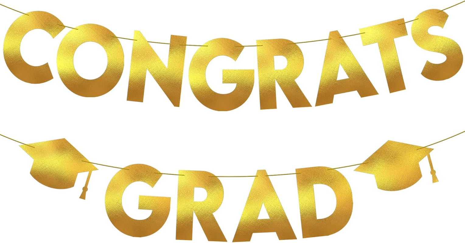 , Glitter Gold and Black Congrats Grad Banner - 10 Feet | Gold and Black Grad Banner, Cap Garland for Graduation Cap Decorations 2026 | Graduation Decorations 2026