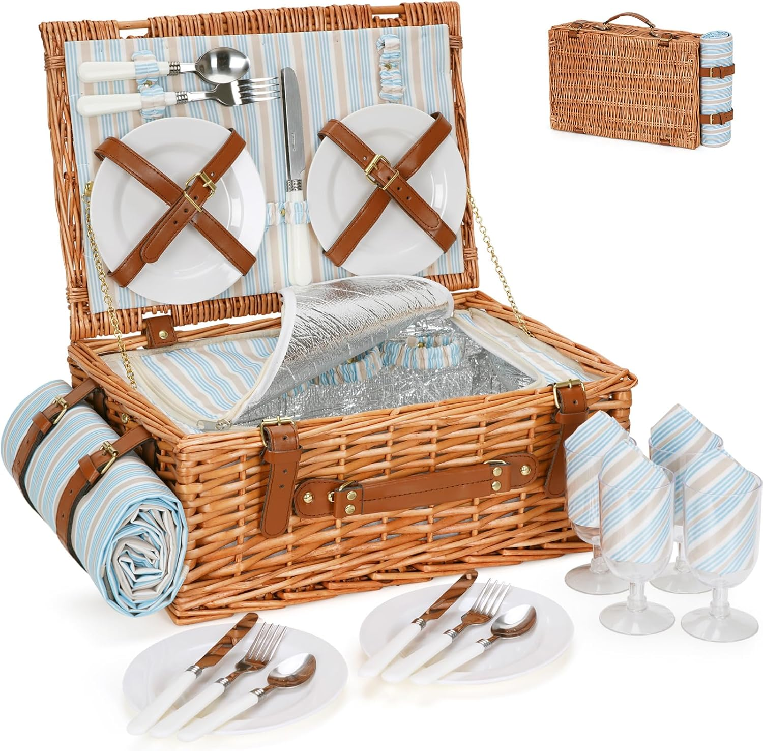 Wicker Picnic Basket Set for 4 Persons | Large Willow Hamper with Large Insulated Cooler Compartment, Waterproof Blanket and Cutlery Service Kit-Classical Brown