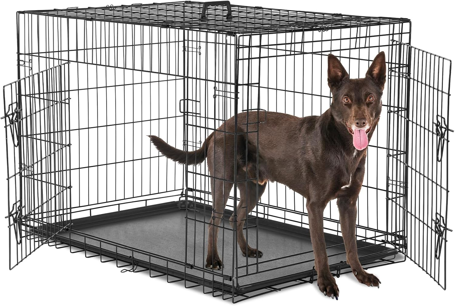 Large Dog Crate, 36 Inch Double Door Folding Metal Wire Dog Cage with Plastic Leak-Proof Pan Tray, Pet Kennel for Indoor, Outdoor, Travel