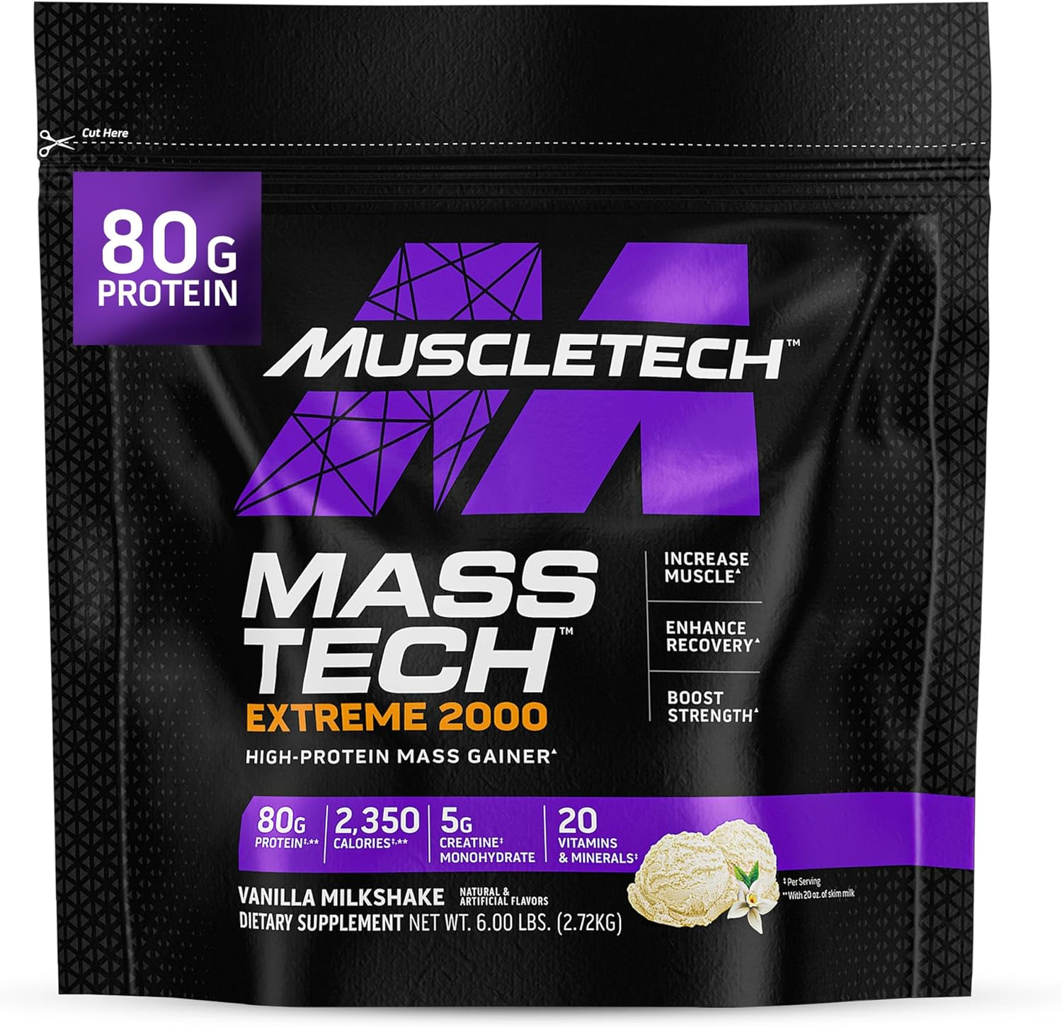High-Protein Mass Gainer (Vanilla Milkshake, 6LB) - Mass Tech Extreme 2000 Mass Gainer Protein Powder Supplement - Weight Gainer for Increase Muscle, Enhanced Recovery & Strength