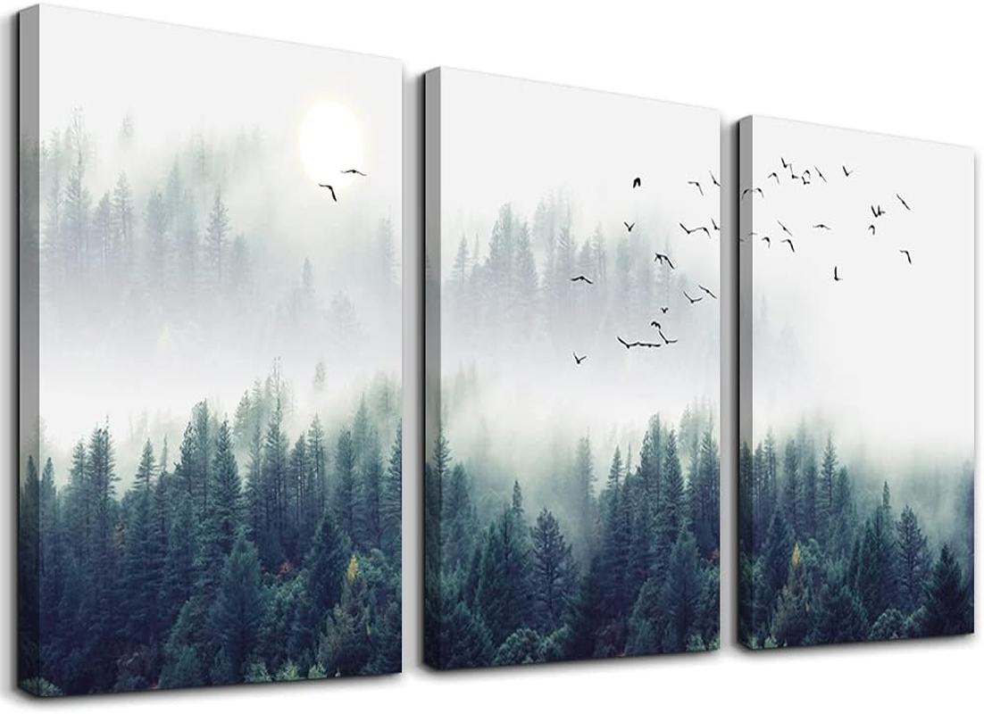 Enchanting Foggy Forest 3-Piece Canvas Wall Art Set - Stretched & Framed Landscape Decor for Living Room, Bedroom, or Office - Ready to Hang 12