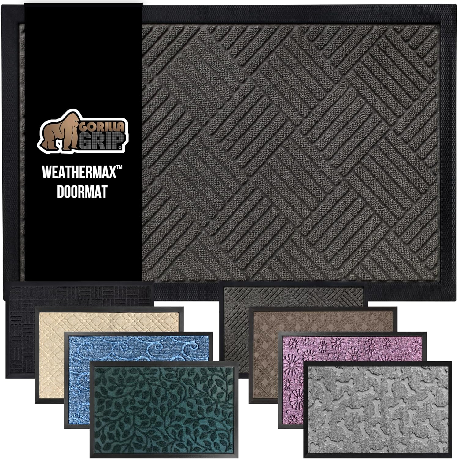 100% Waterproof All-Season Weathermax Doormat US Designed Natural Rubber, Stain Fade Resistant, Giving, Low Profile Indoor Outdoor Door Mats, Easy Clean, 17X29 Gray Diamond