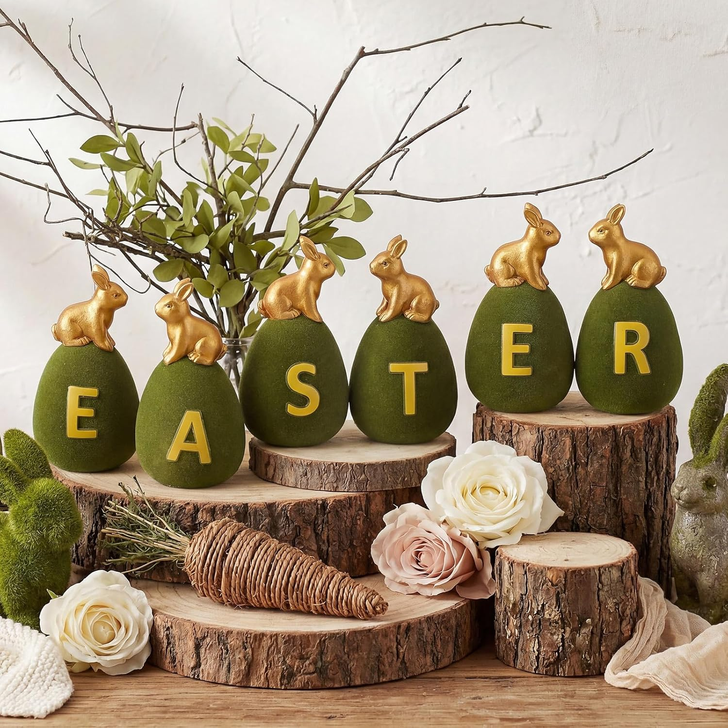 6 Pcs Easter Moss Bunny 3.5 Inch Green Bunny Eggs Spring Decor Artificial Flocked Moss Eggs Cute Rabbit Sit on Figurines for Spring Easter Basket Home Office Table Shelf Party Decor(Gold)