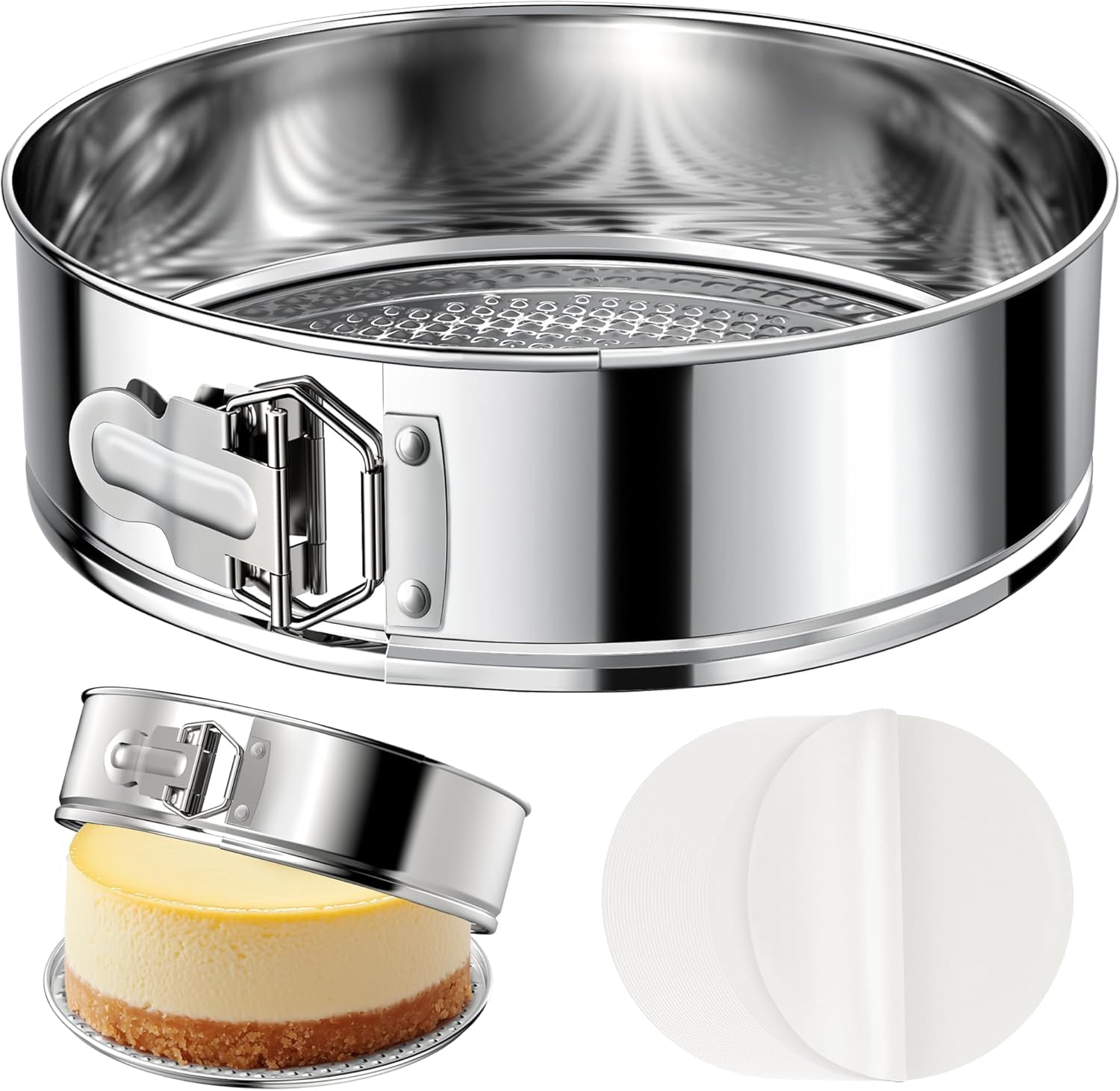 7 Inch 304 Stainless Steel Springform Pan with Removable Bottom, Nonstick round Spring Form Cheesecake Pan with 30 Pcs Parchment Paper Liners