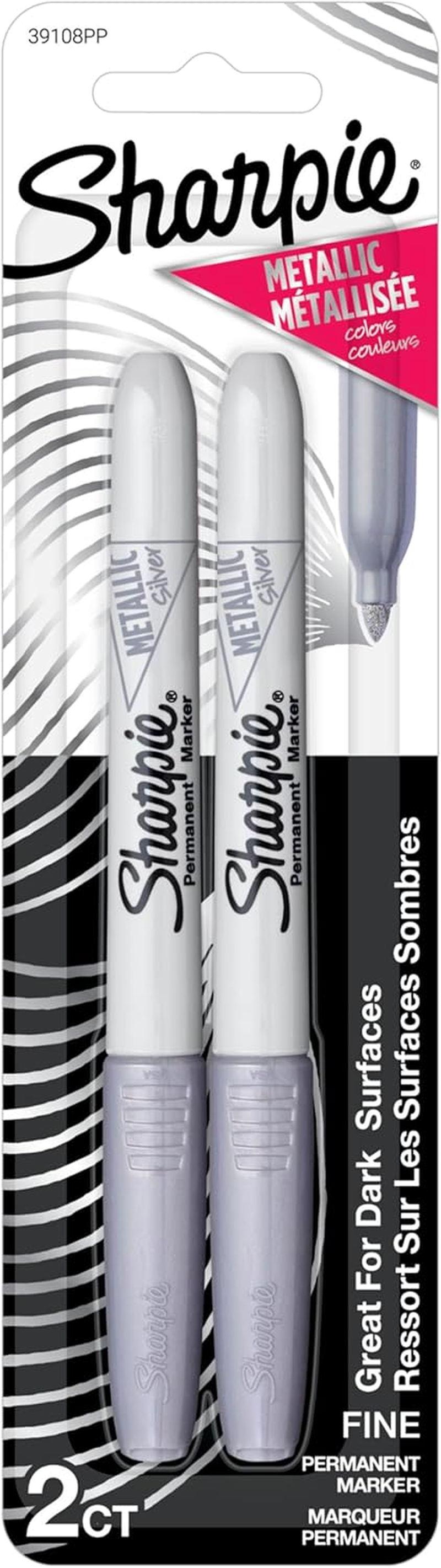 Sharpie Metallic Permanent Markers, Fine Point, Silver, 2 Count - for Black Paper or Dark Surfaces, Arts & Crafts, Posters
