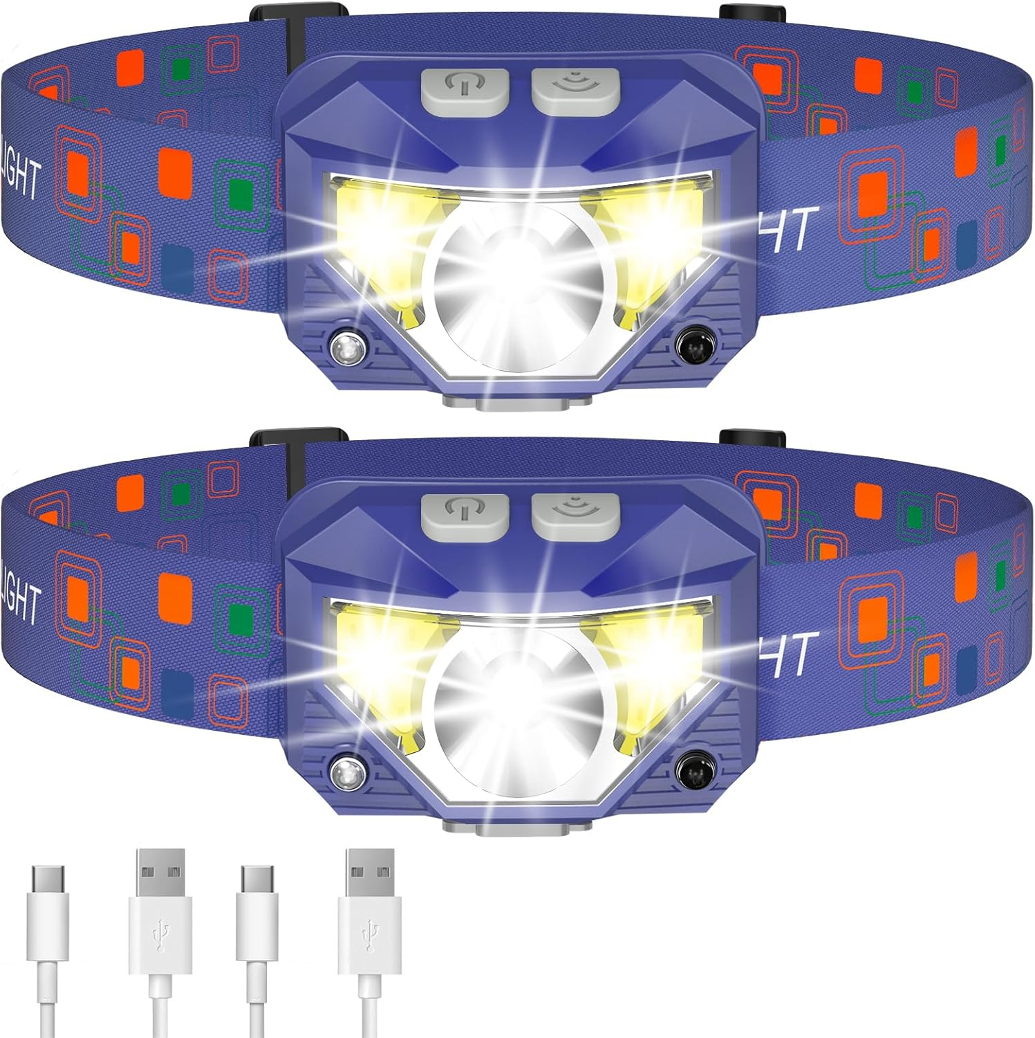 Headlamp Flashlight, Lumen Ultra-Bright LED Rechargeable Headlight with White Red Light,2-Pack Waterproof Motion Sensor Head Lamp,8 Modes for Outdoor Camping Running Fishing- Blue