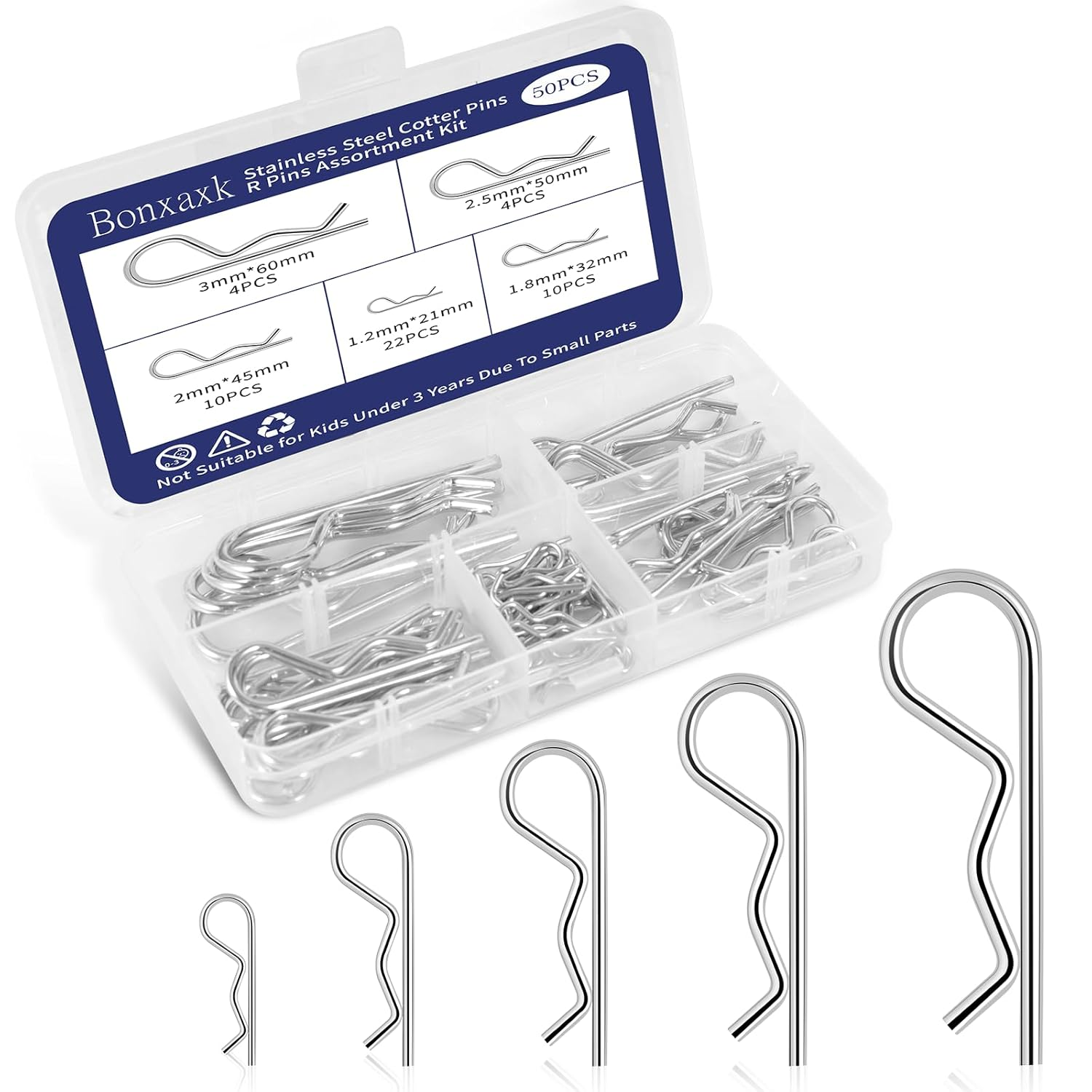 50PCS Cotter Pin Assortment R Clips Hitch Pins Trailer Lawn Mower Kit