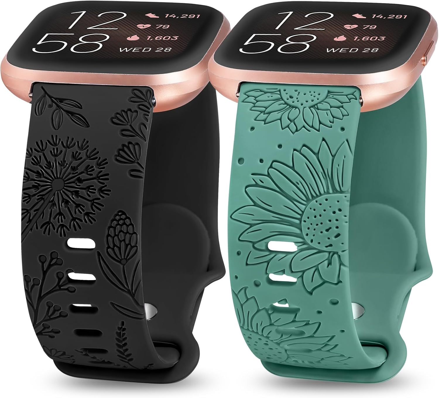 Minyee 2 Packs Floral Engraved Band Compatible with Fitbit Versa 2/Fitbit Versa/Versa Lite Bands Women, Cute Soft Silicone Sunflower Dandelion Sport Designer Fancy Summer Strap for Versa 2 Smart Watch
