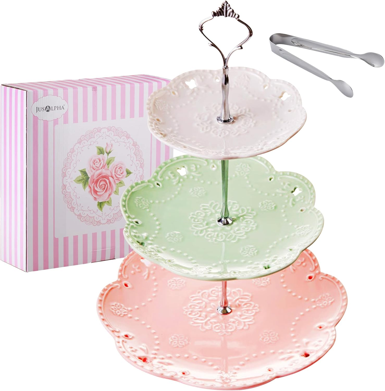 ® 3-Tier Porcelain Cake Stand-Dessert Stand-Cupcake Stand-Tea Party Serving Platter, Comes in a Gift Box- Free Sugar Tong,3 Color (Silver)