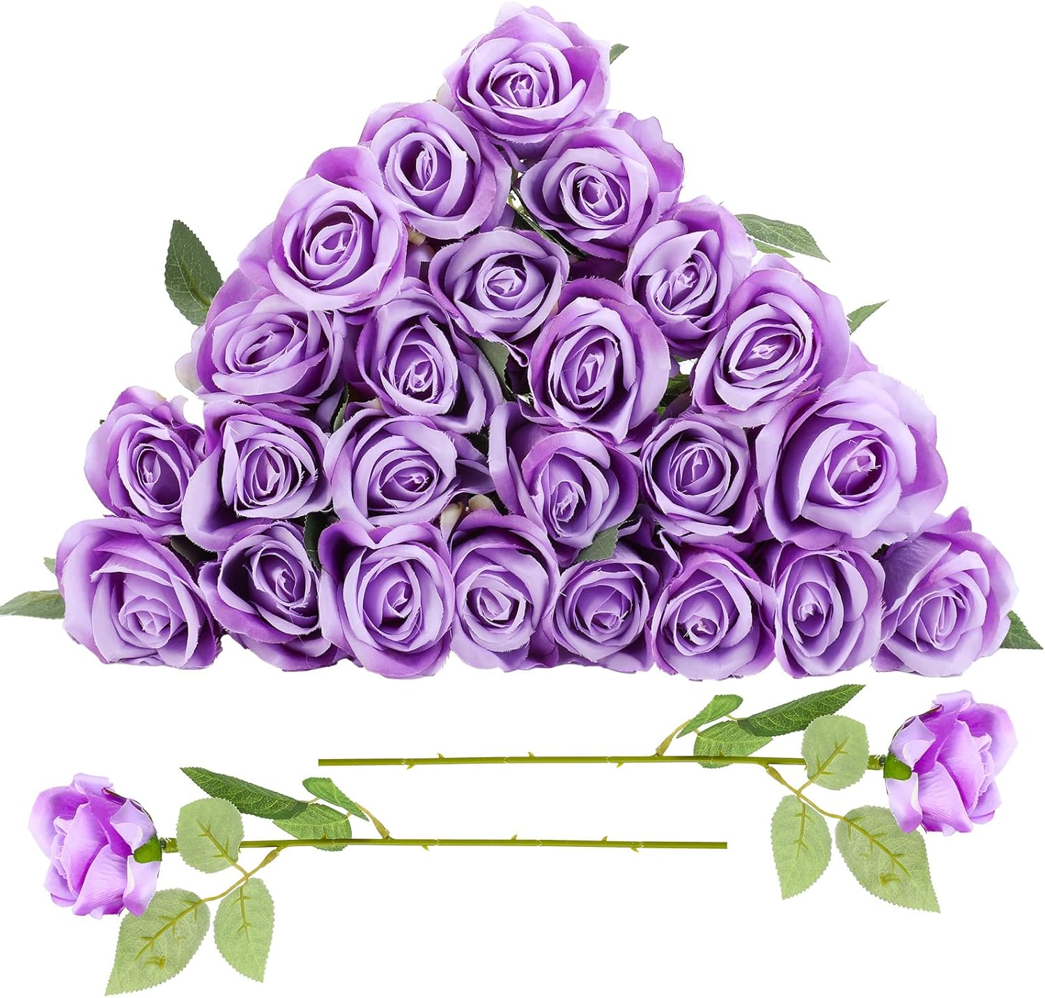 24 Pcs Lavender Rose Artificial Flowers with Long Stem Real Touch Silk Plastic Bouquet Purple Roses Bulk for Wedding Party Table Centerpieces Festival Decorations