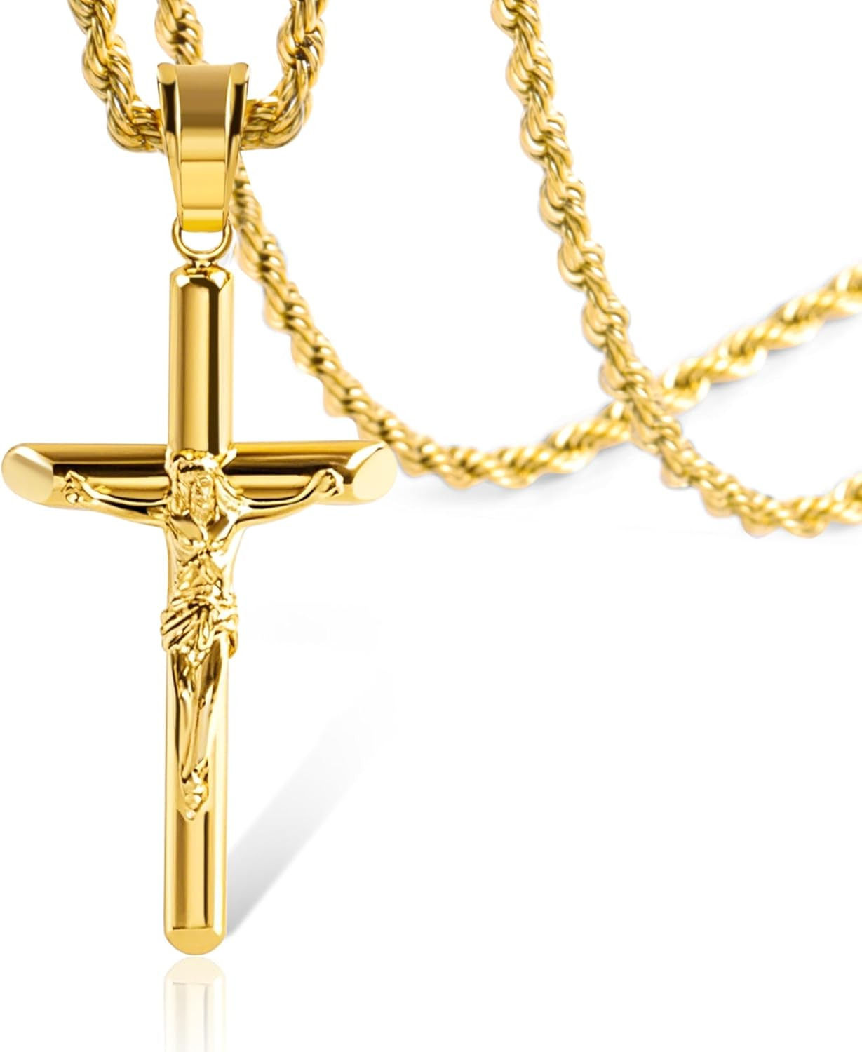 Sterling Silver Plated Cross Necklace for Men Gold Plated Cross Necklaces for Women Trendy Stainless Steel Crucifix Pendant with 3Mm 21Inch Rope Chain