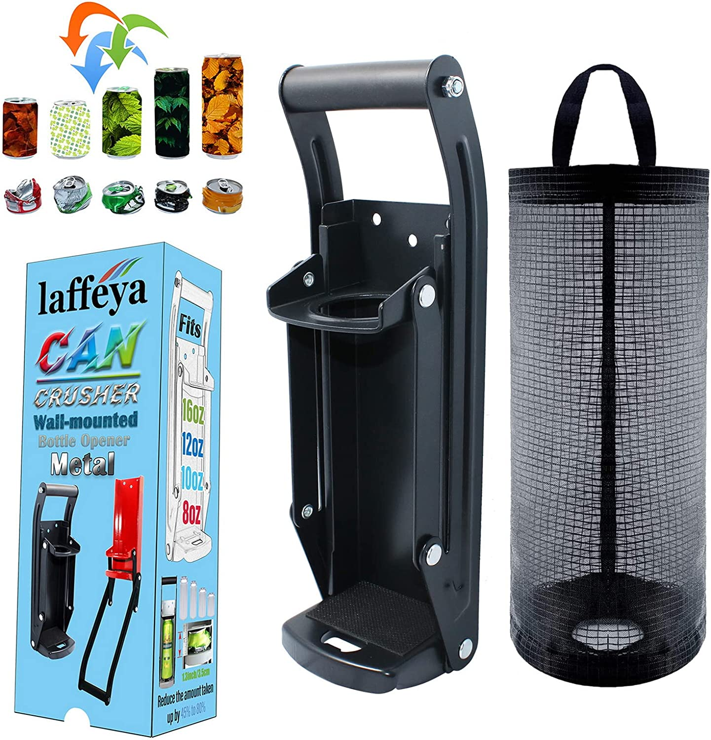 Aluminum Beer Can Crusher 16Oz, Wall Mounted Smasher for Recycling | Crushes 12 & 16 Oz Aluminum Cans, Soda, Beer & Plastic Bottles. Saves 80% Space. Includes Bottle Opener & Bag (16 Oz, Black)