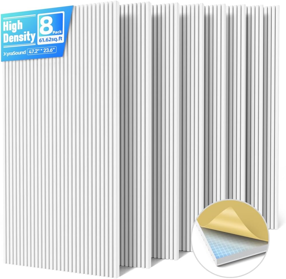8 Pack Large Acoustic Panels Sound Absorbing with Self-Adhesive, 47.2”*23.6”*0.36” High Density Sound Proof Foam Panels for Walls, 3D Vertical Soundproof Wall Panels for Home Studio Office Decor-White