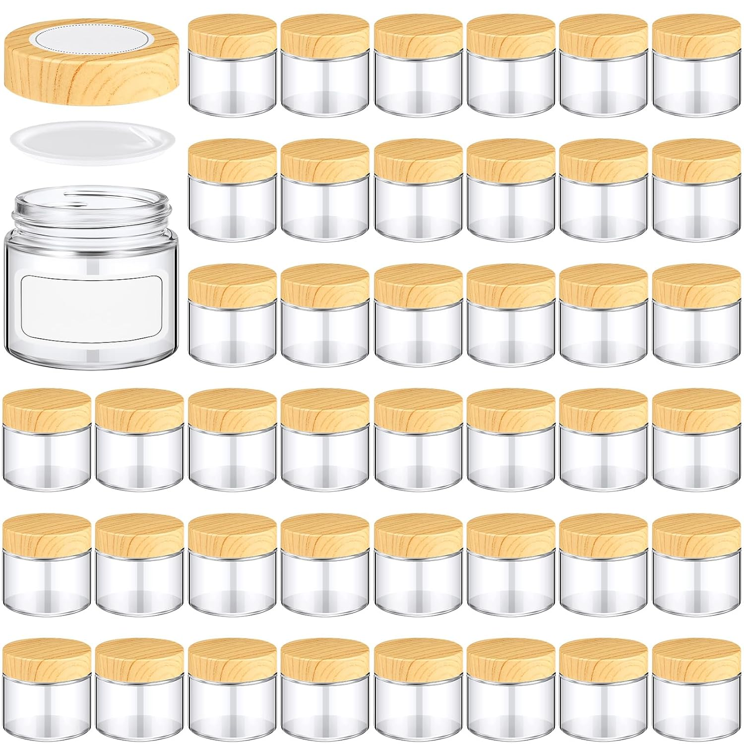 Layhit 24 Pcs 2Oz/ 60Ml Glass Jars with Lids Clear Small Jars with Plastic Woodgrain Lids, White Labels and Inner Liners Empty round Cosmetic Containers for Creams Lotions Candle Making (Clear)