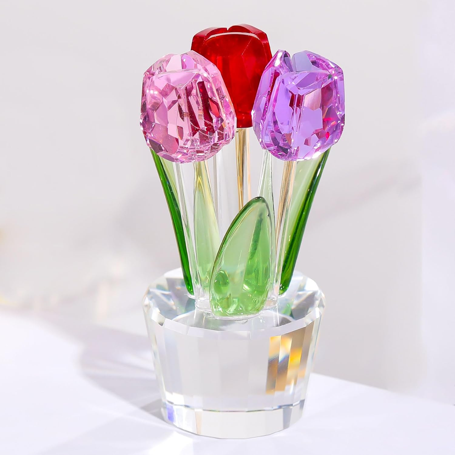 Tulips Glass Flowers Figurines Crystal Decor Collectibles Colorful Flowers Bouquet Ornaments Tulip for Mom Women on Anniversary Wedding Christmas Valentines