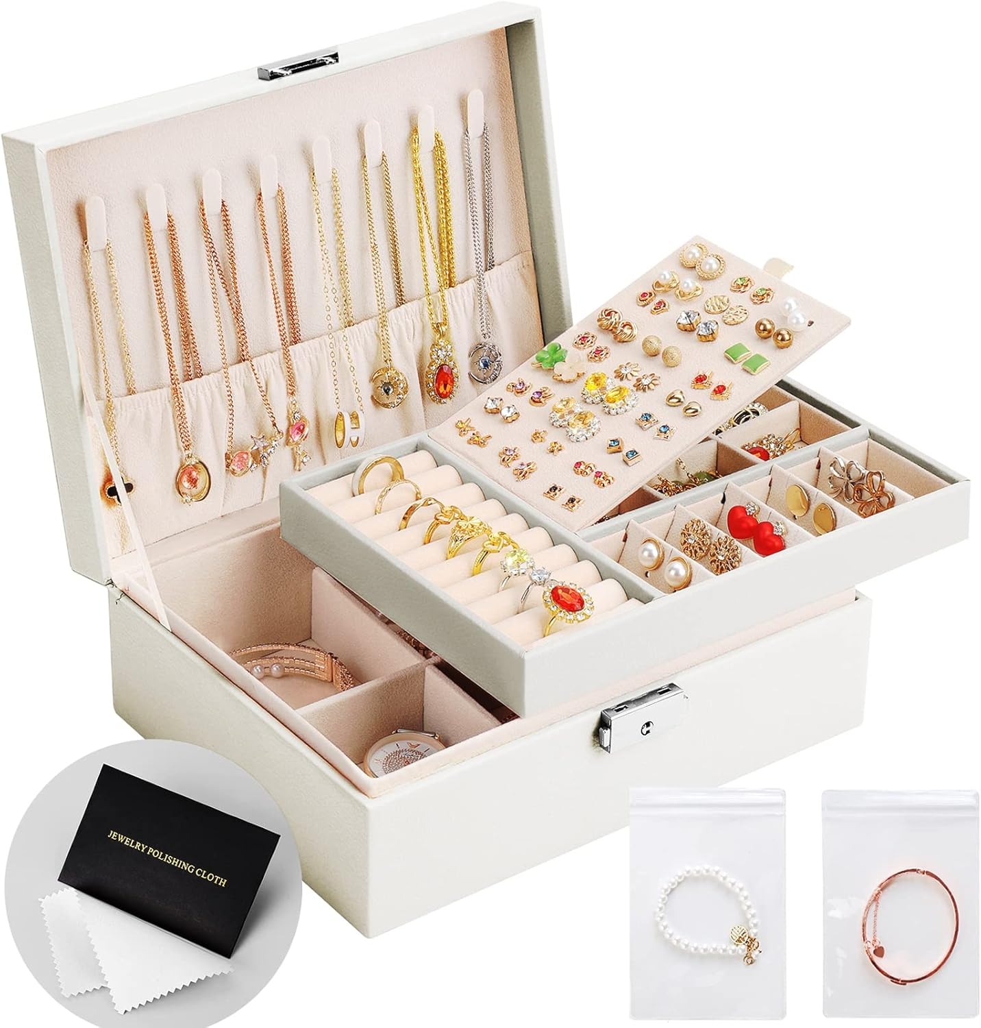 Jewelry Box Organizer for Women Girls 2 Layer Leather  Jewelry Storage Case with Lock and Removable Tray for Necklace Earrings Rings Bracelets Gift, Come with Polishing Cloth and Jewelry Bags