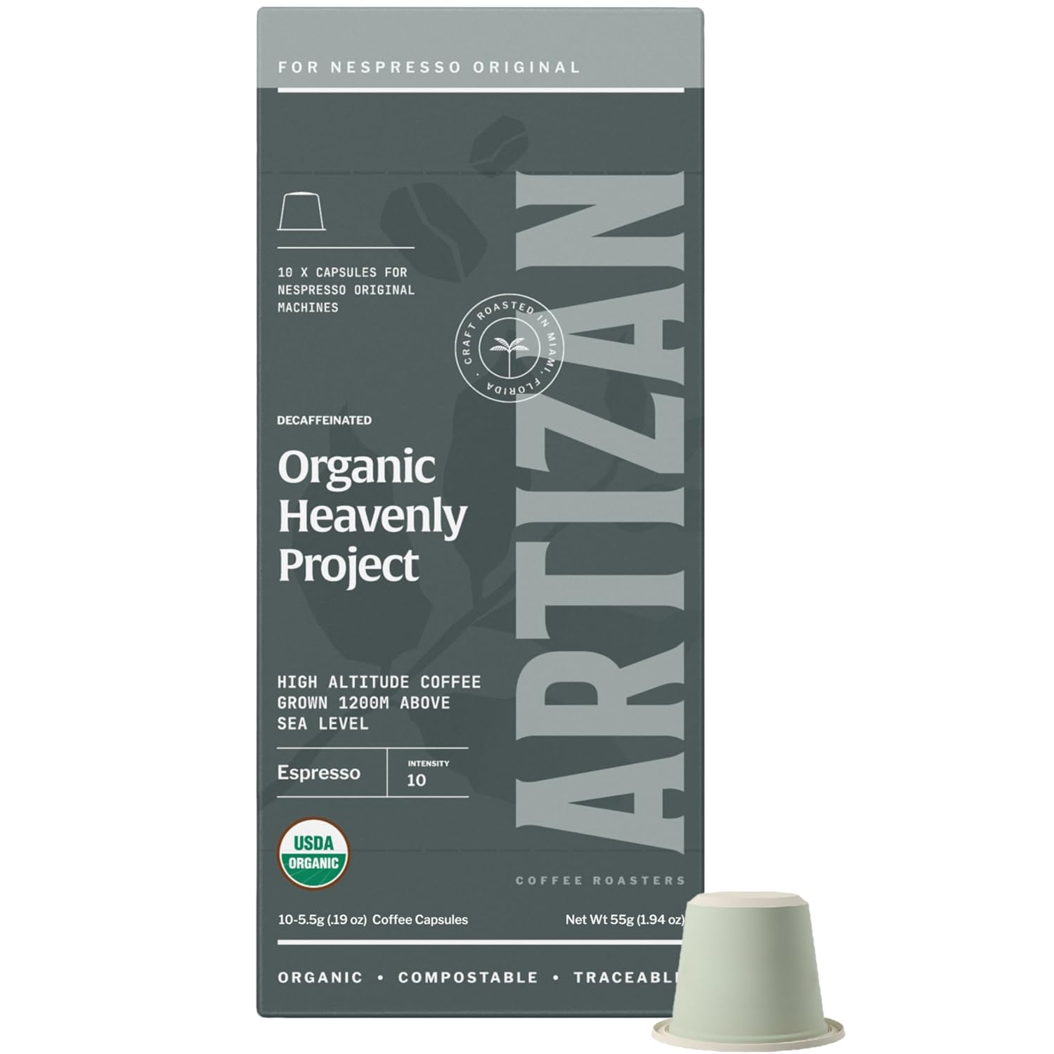 Artizan Coffee Decaf Organic Swiss Water Espresso Pods for Nespresso Original | Heavenly Project | 10 Home Compostable Capsules