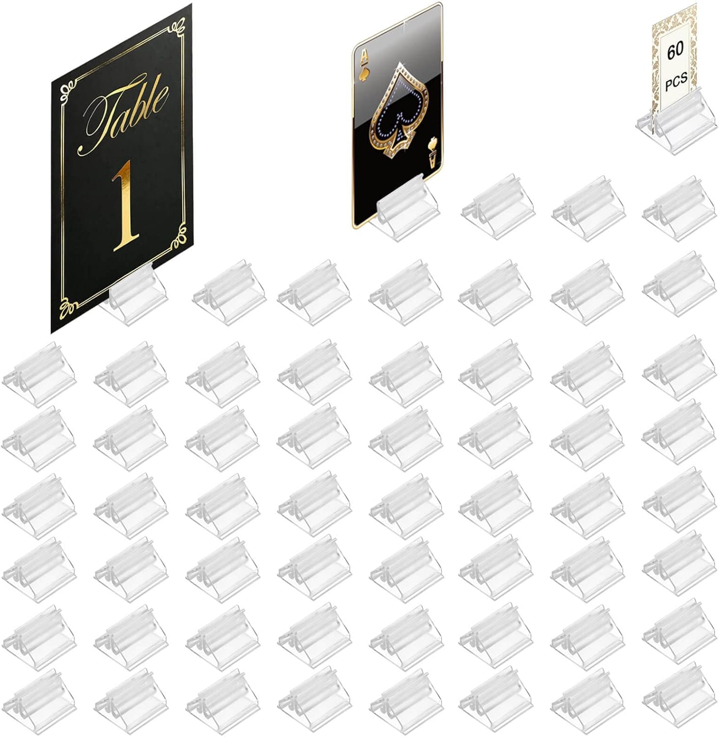 Table Number Place Card Playing Card Holders 60 Pack, Small Clear Acrylic Business Card Holder Stand for Display Paper Game Piece Picture Clip Price Board Photo Memo Menus Label Stand Party, 0.75In