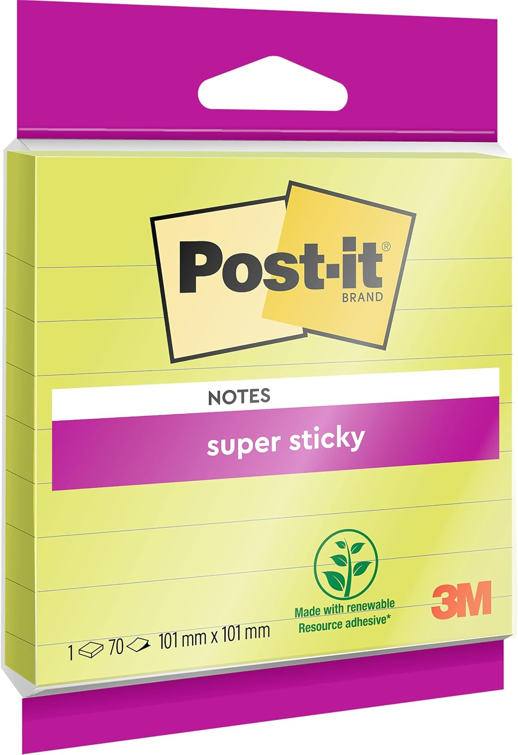 Post-It Super Sticky Large Notes, Lined, 70 Sheets, 1 Pad, 101 Mm X 101 Mm - Holds Strong to Many Surfaces - for Walls, Monitors and Fridge, Recycable