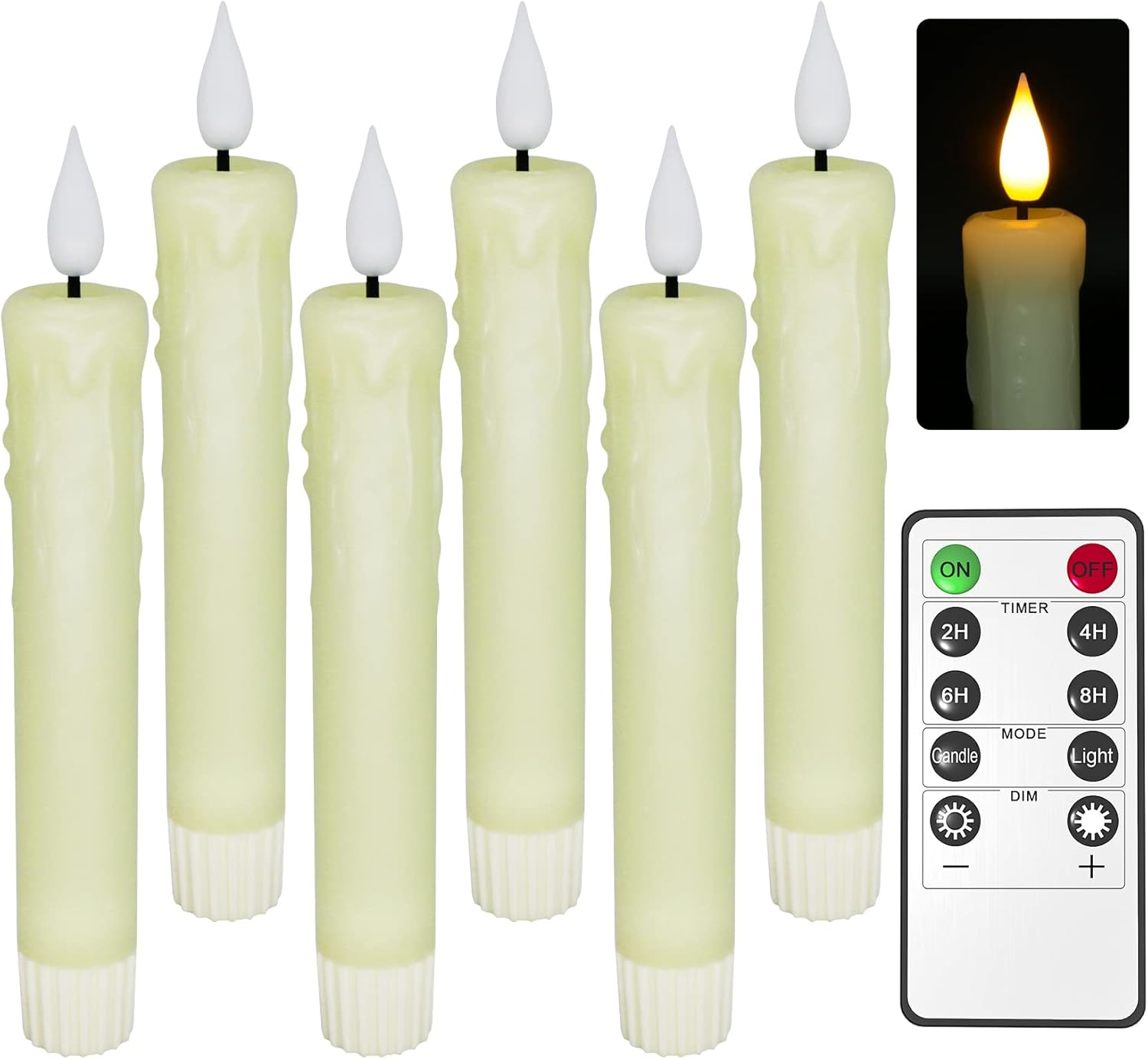 Real Wax LED Flameless Taper Candles with Remote Timer, 6.4 Inch Ivory LED Candlesticks Battery Operated with 3D Flickering Flame for Christmas Window Halloween Wedding Party Home Decor