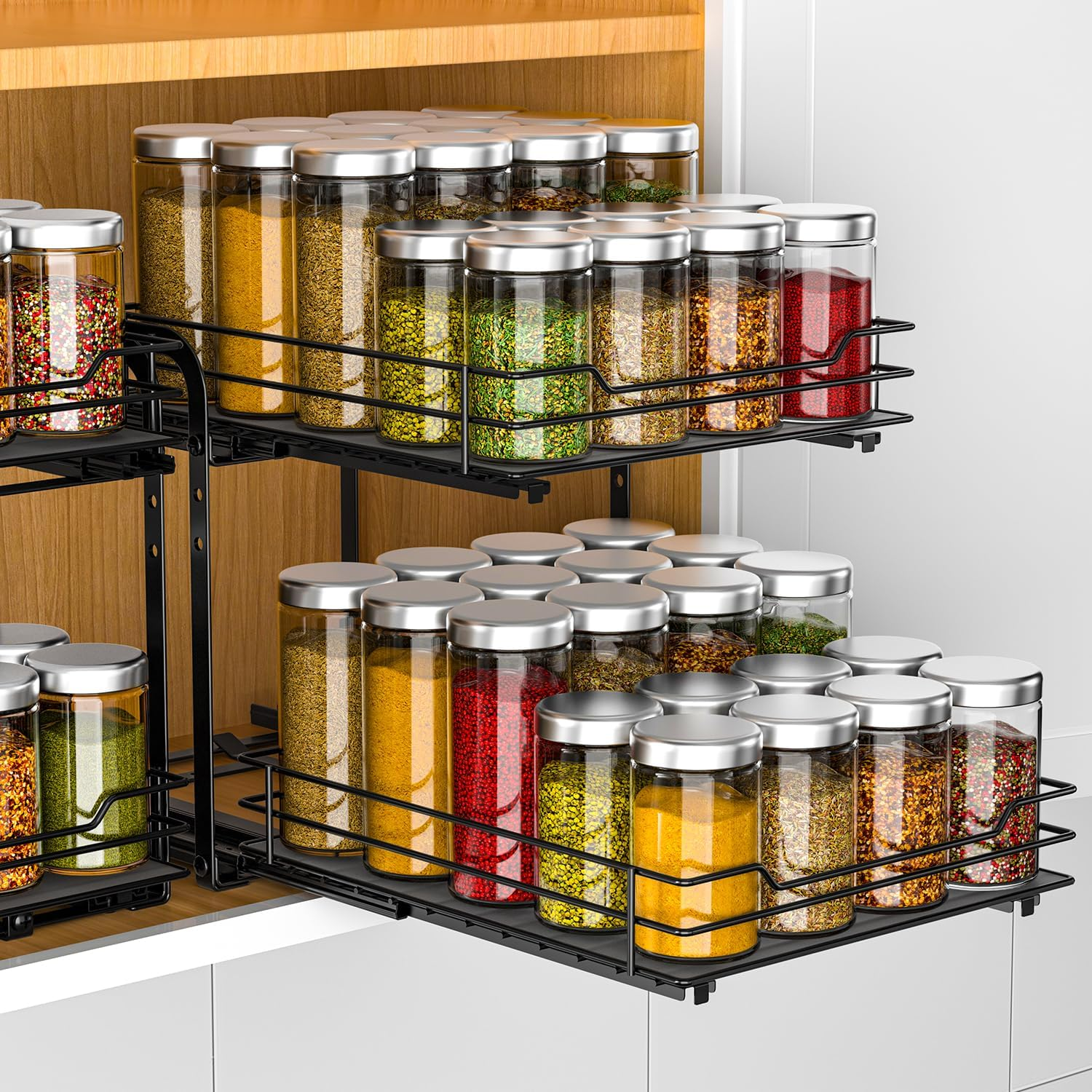 RCHYFEED Spice Rack Organizer for Cabinet, 2 Tier Pull Out Spice Racks for inside Cabinets & Pantry, Height Adjustable Heavy Duty Vertical Spice Shelf for Seasoning Organizer(9.5