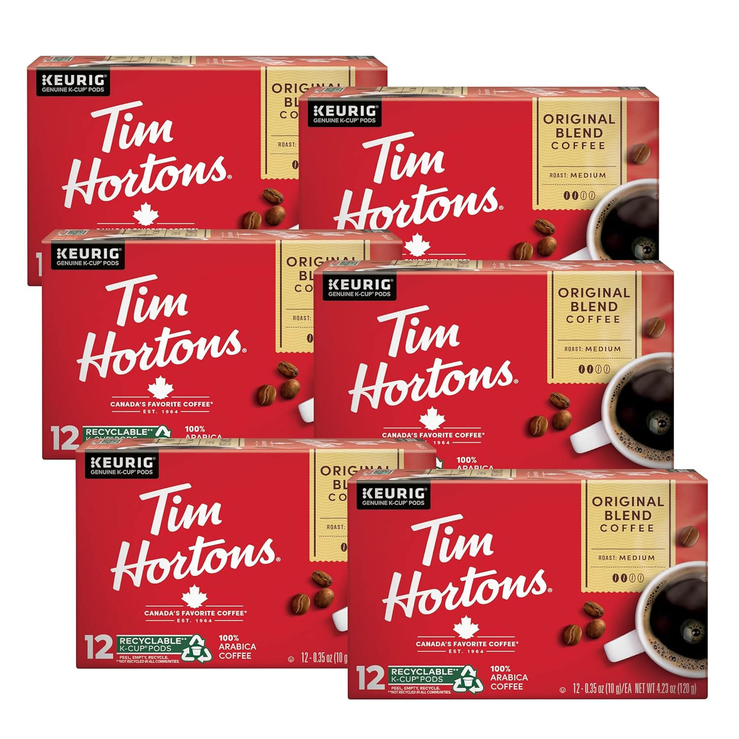 Tim Hortons Original Blend, Medium Roast Coffee, Single-Serve K-Cup Pods Compatible with Keurig Brewers, 72Ct K-Cups, 12 Count (Pack of 6)