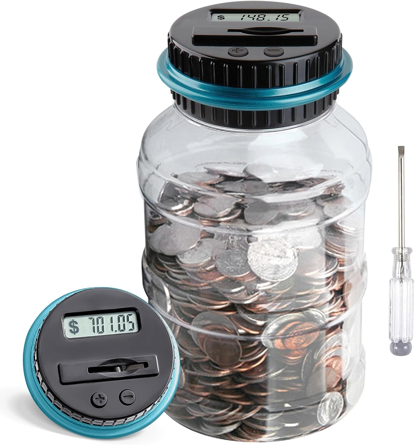 Large Piggy Bank for Boys Adults,  Digital Coin Counting Bank with LCD Counter, 1.8L Capacity Coin Bank Money Jar for Adults, Designed for All US Coins (Blue)