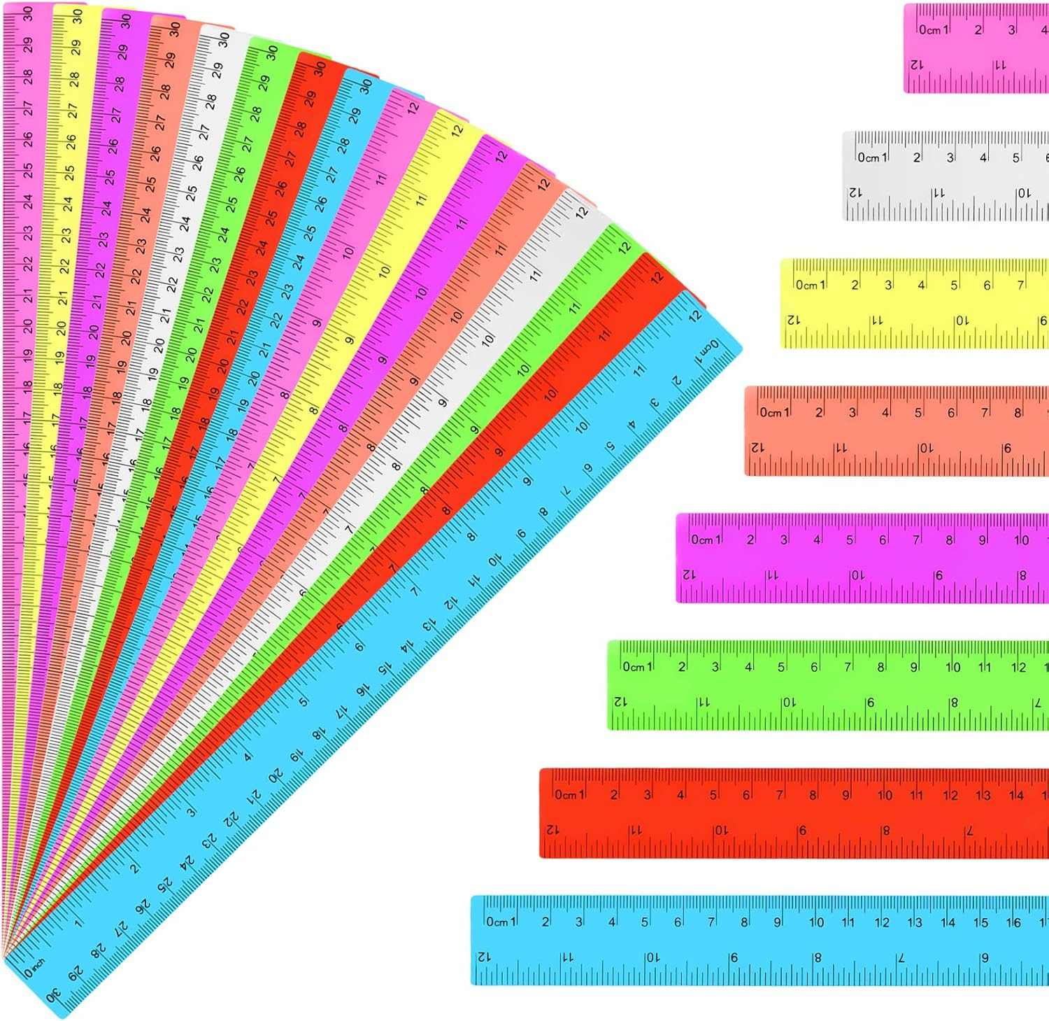16 Pack Assorted Color Clear Rulers 12 inch, Plastic Ruler Bulks for Classroom, Transparent Metric Rulers for Kids with Inches and Centimeters for School, Home, Office Supplies