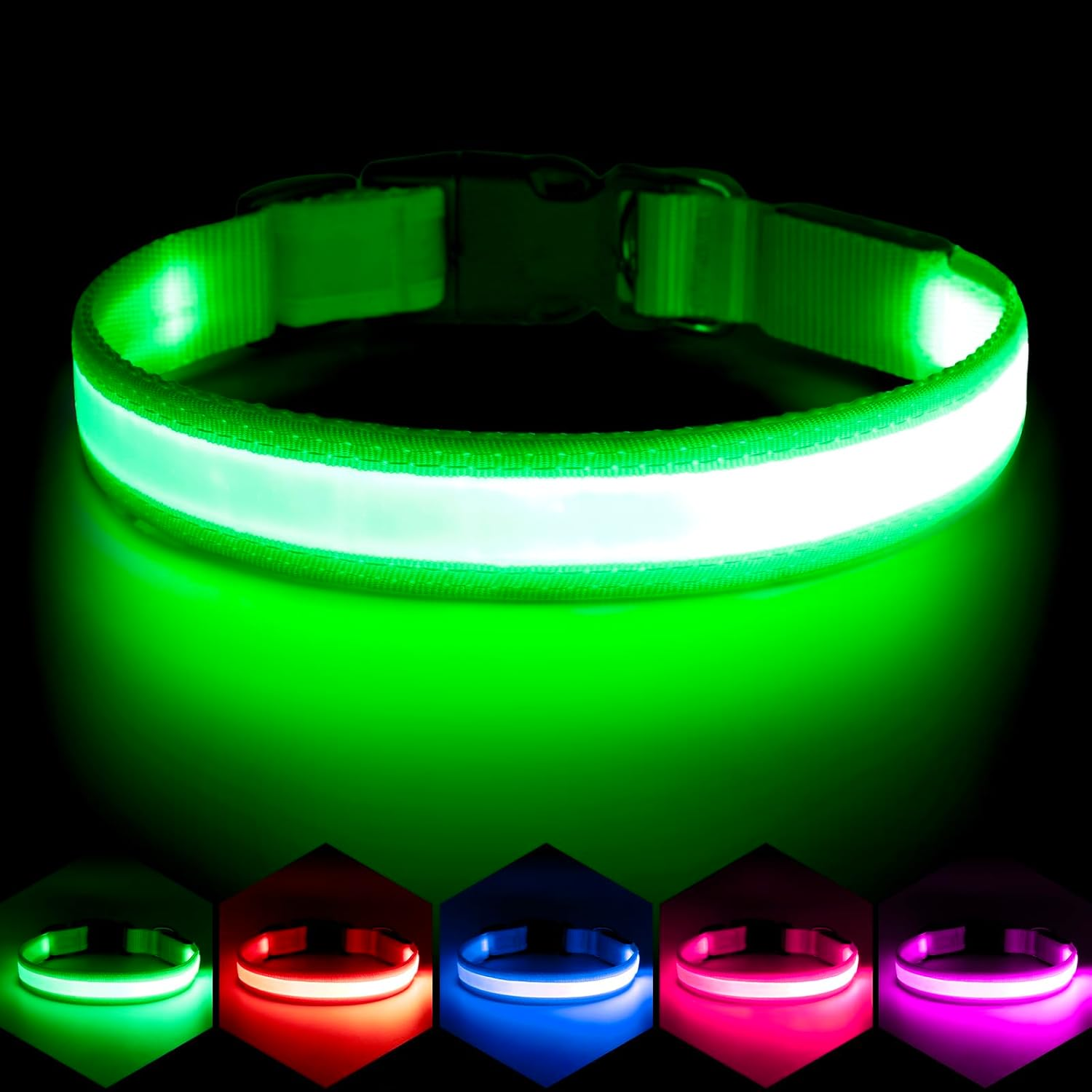 Vizpet LED Dog Collar, Light up Dog Collar Adjustable USB Rechargeable Super Bright Safety Light Glowing Collars for Dogs(Medium,Green)