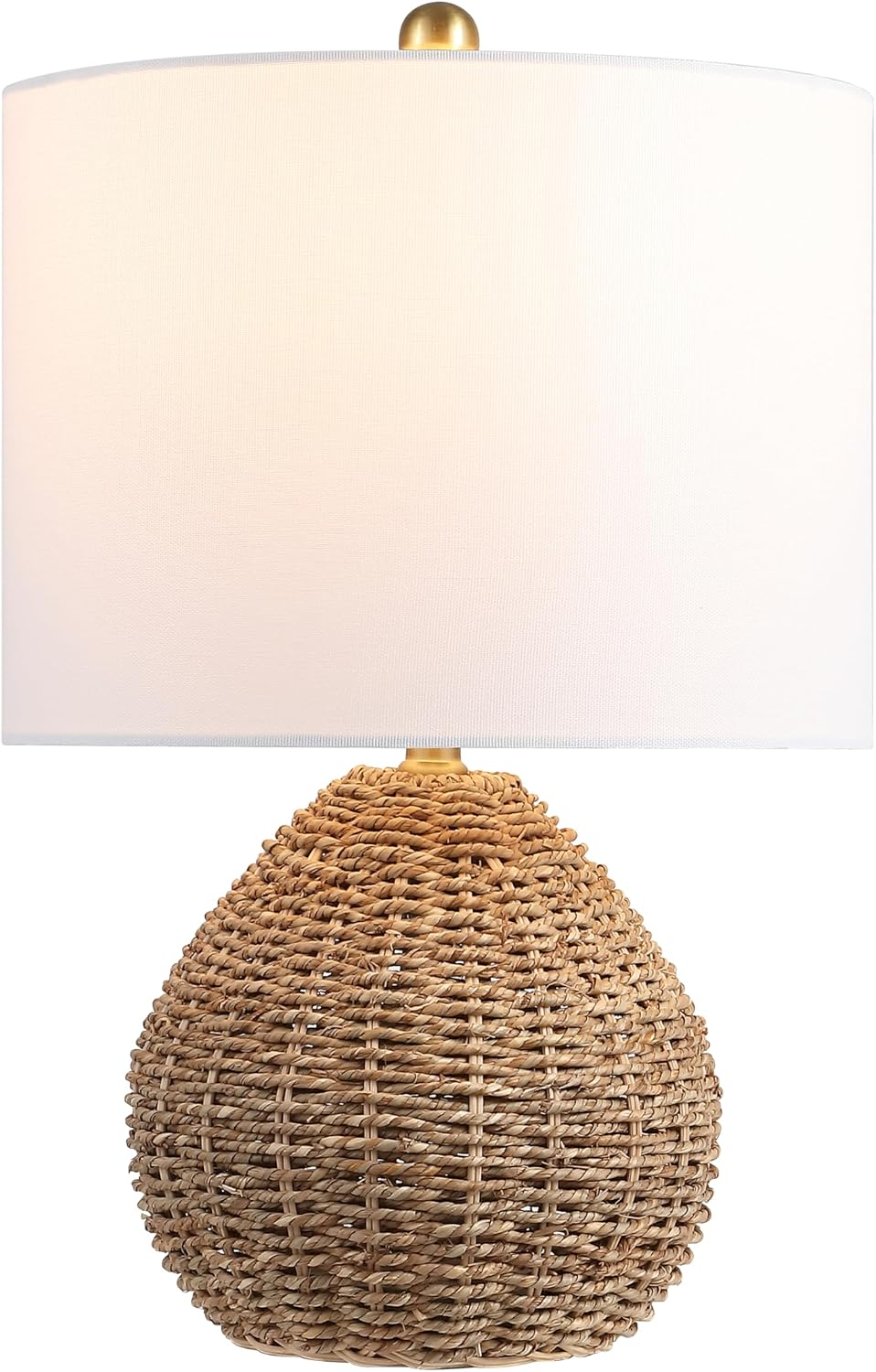 Kona 20.5" Rattan and Metal Table Lamp, Brown/Brass Gold | Coastal Bohemian Farmhouse Woven Nightstand Accent, White Linen Drum Shade, ETL Listed, LED Bulb Included