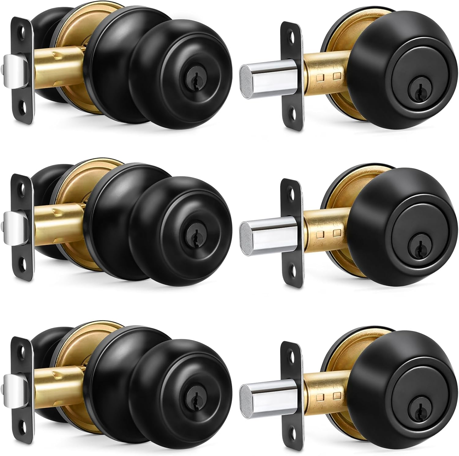 3 Sets Entry Door Knob and Single Cylinder Deadbolt Combo Set, Keyed Alike round Ball Matte Black Exterior Door Knobs with Lock and Keys for Entrance and Front Door