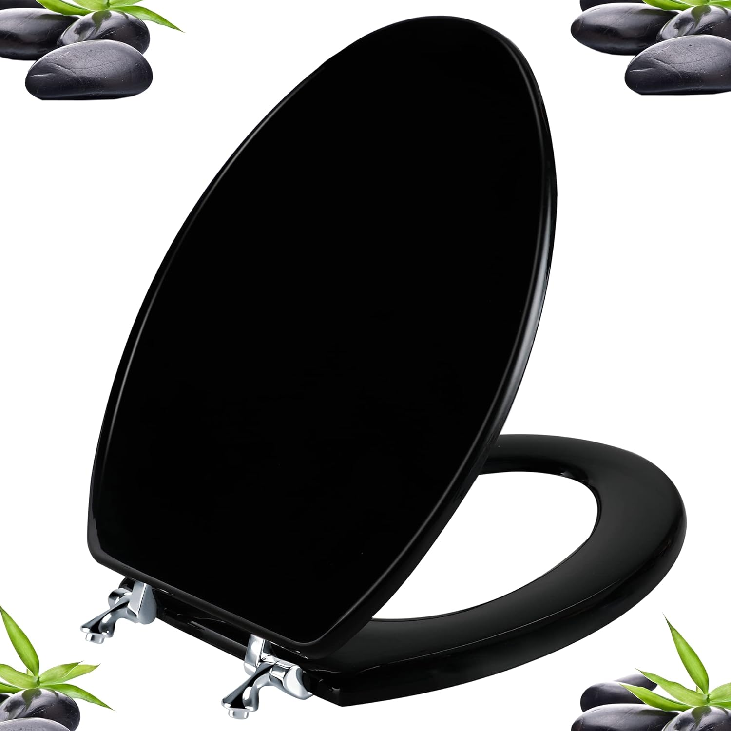 Black Elongated Toilet Seat Natural Wood Toilet Seat with Zinc Alloy Hinges, Easy to Install Also Easy to Clean, Scratch Resistant Toilet Seat by Angol Shiold (Elongated, Black)