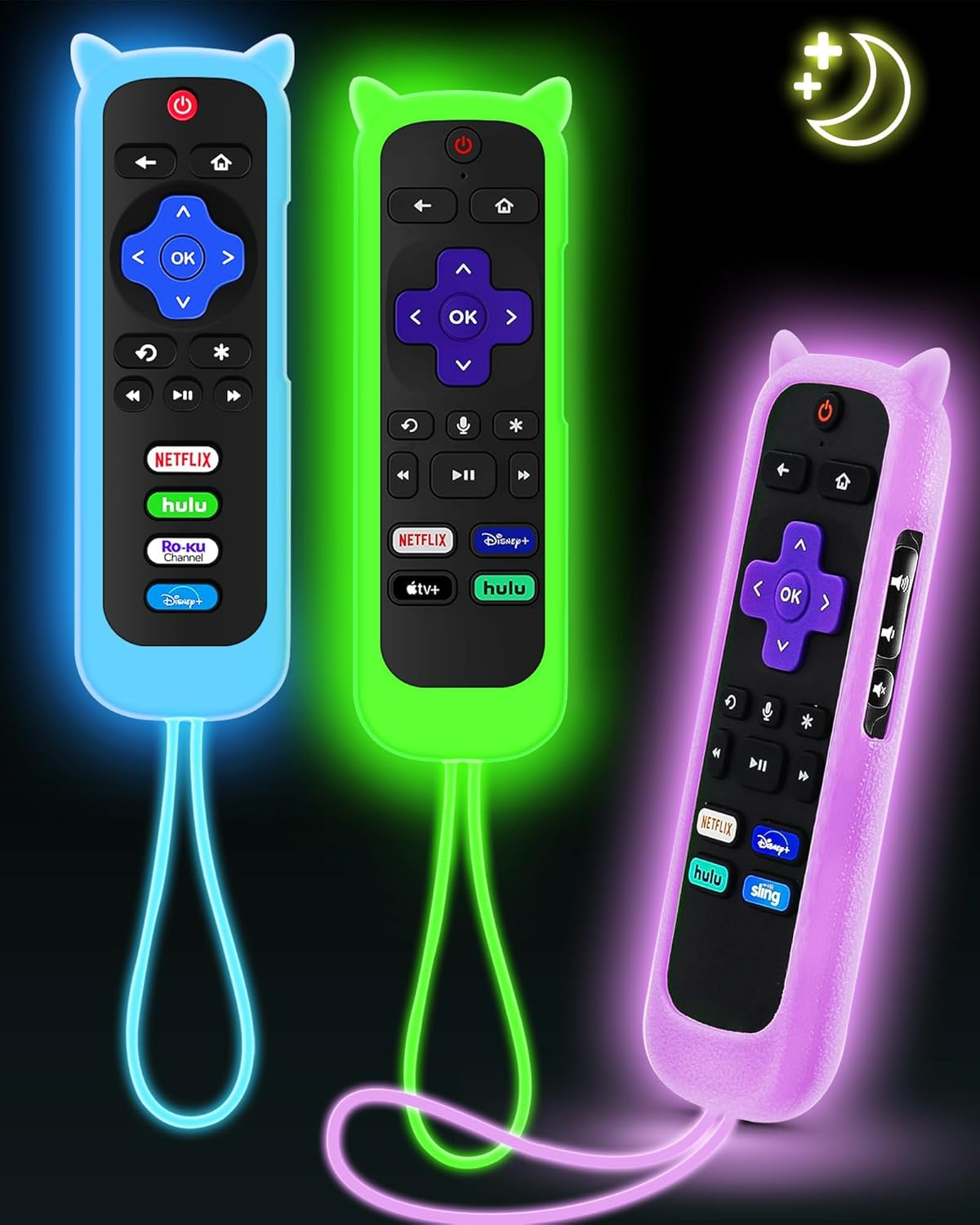 3Pcs Remote Cover for Roku with Cat Ears Design, Silicone Skin Case Compatible with Hisense/Tcl Roku TV, Steaming Stick/Express, Universal Replacement Controller. Glow in the Dark Green/Blue/Purple