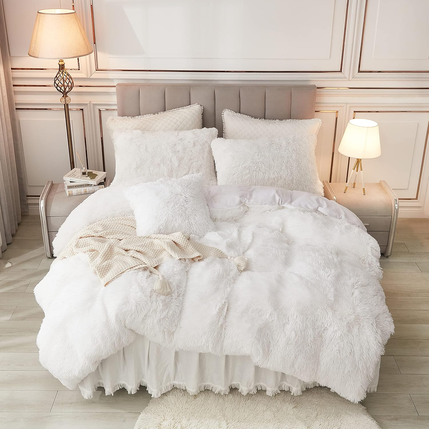 Plush Shaggy Duvet Coverwhite Fluffy Comforter Cover Set Queen Size