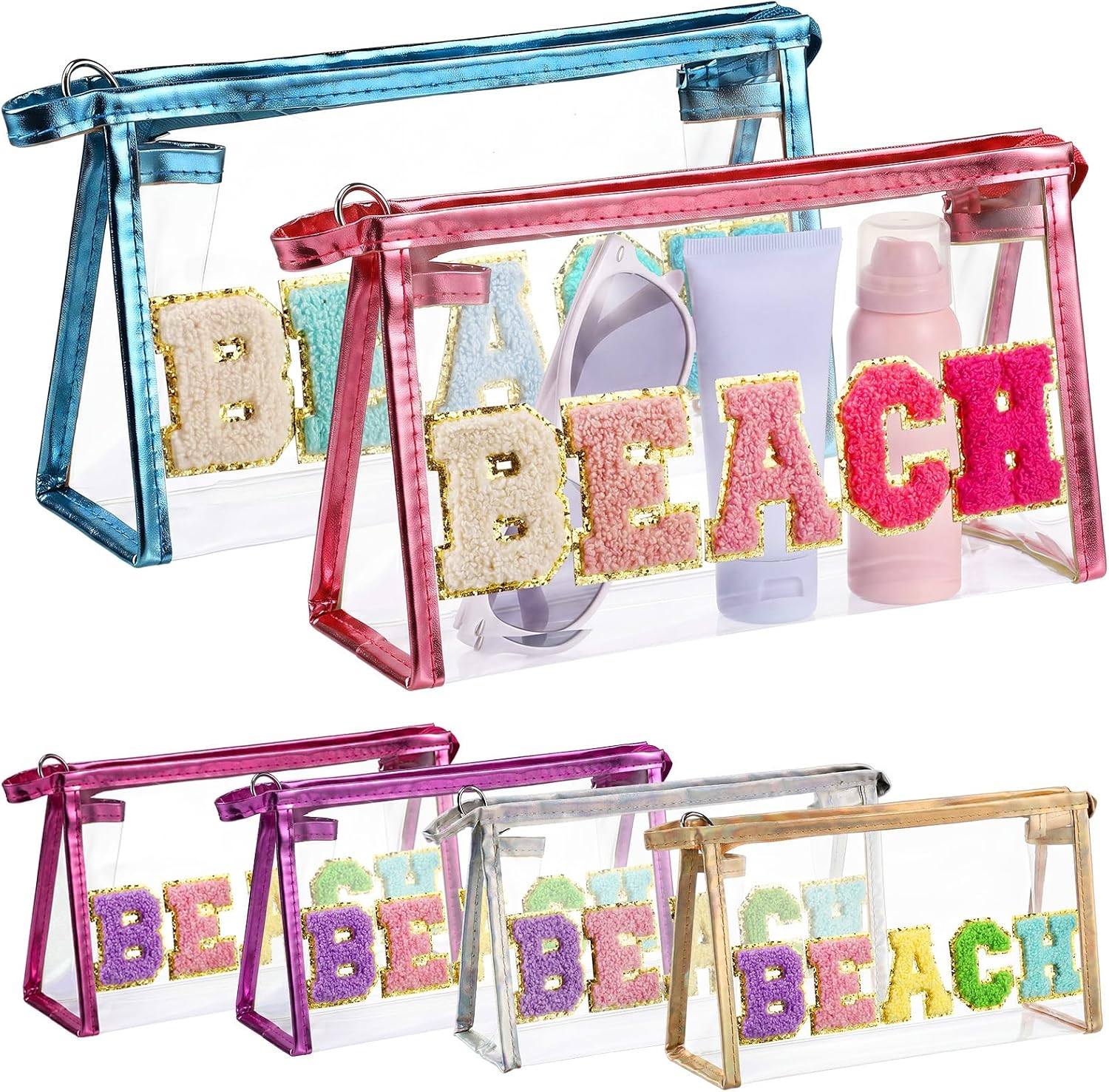 Weewooday 6 Pcs Clear Beach Bag Zipper Pouch Preppy Patch Travel Toiletry Bag Waterproof Makeup Cosmetic Bags Beach Essentials for Women Summer Varsity Vacation Party